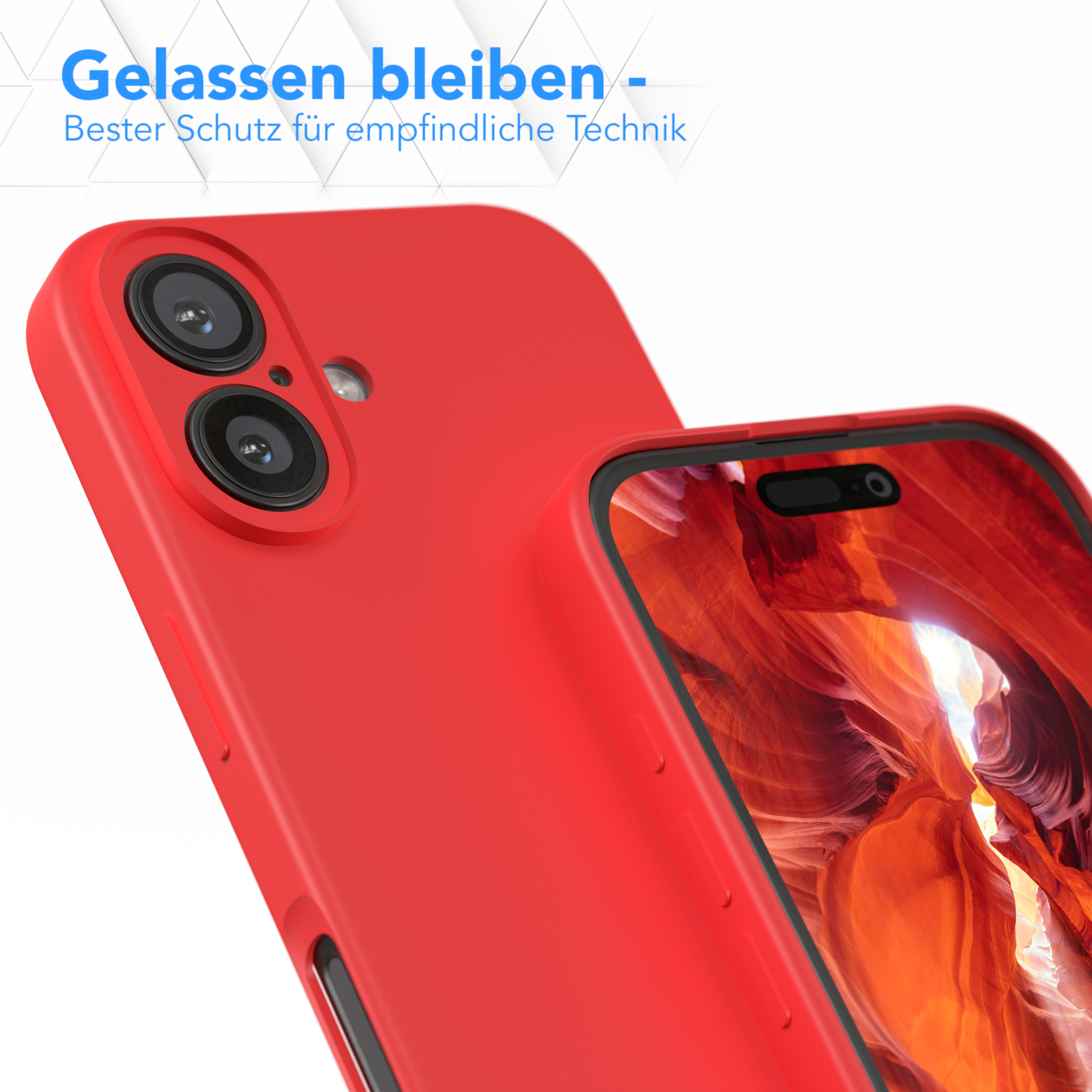 Eine rote Handyhülle auf rotem Hintergrund, mit einem Telefon darin.