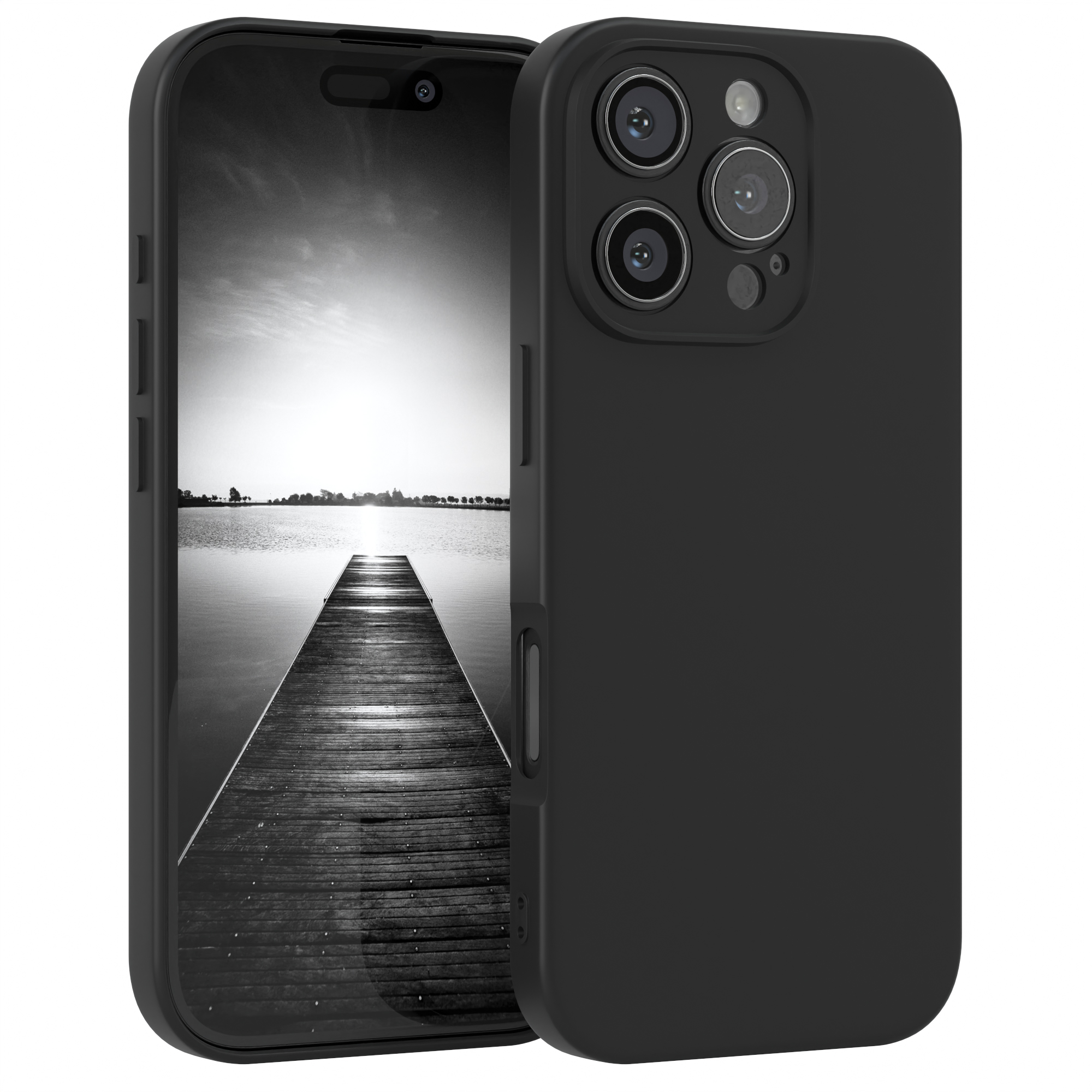 Schwarzes Telefon mit schwarzer Hülle. Der Hintergrund ist eine Schwarz-Weiß-Landschaft.