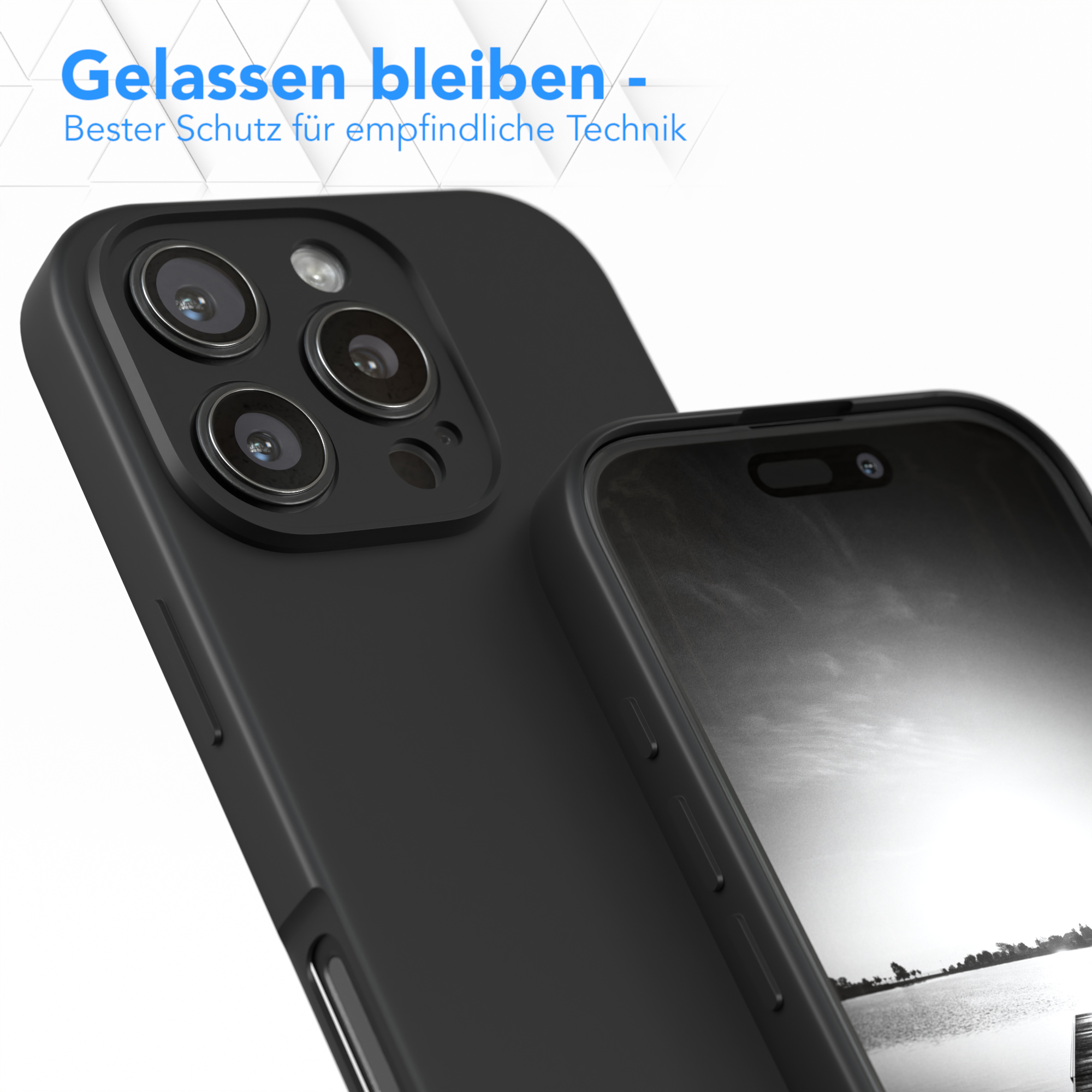 Eine schwarze Handyhülle mit einem Telefon darin wird gezeigt. Der Hintergrund ist verschwommen.