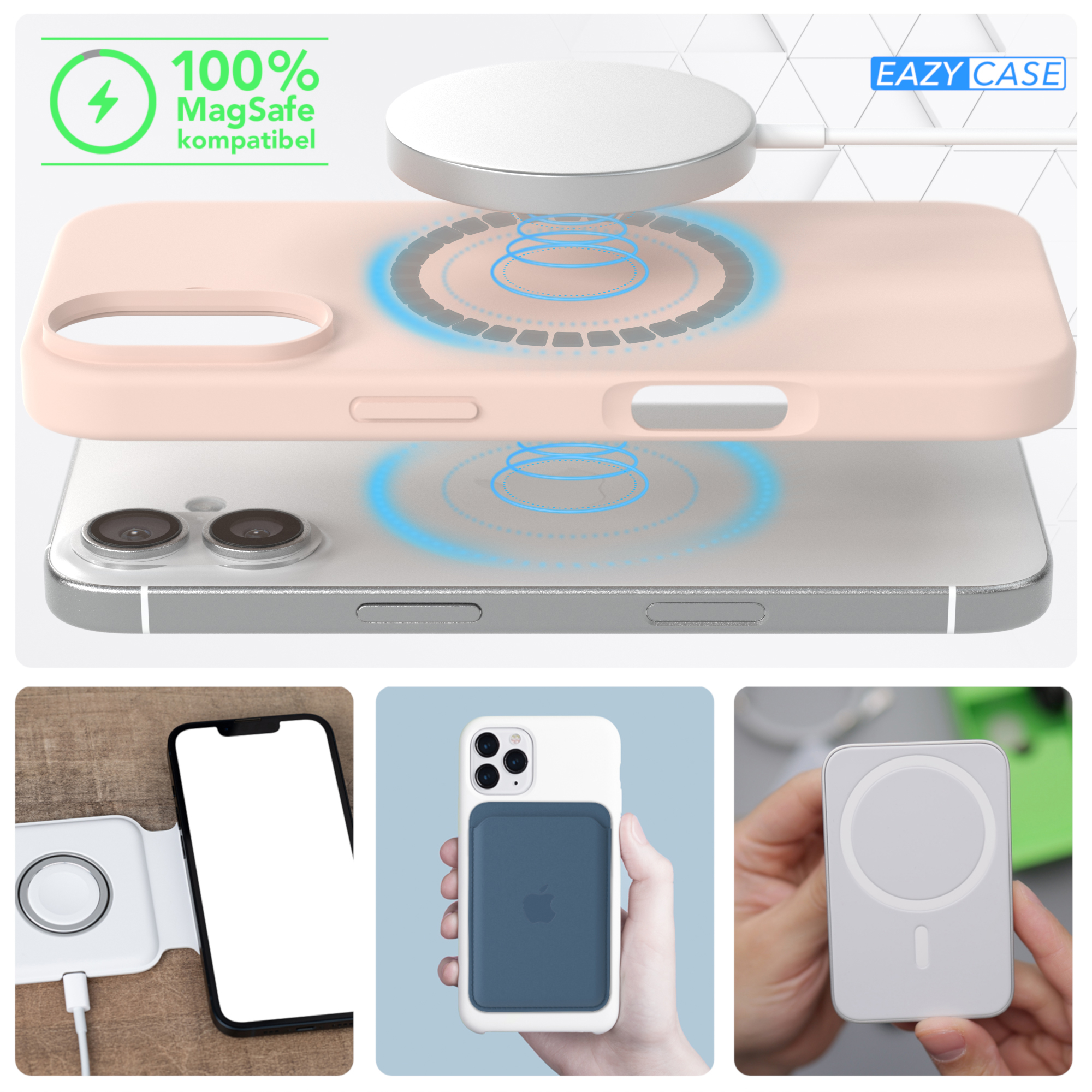 Handyhülle mit MagSafe-Ladegerät und Zubehör.