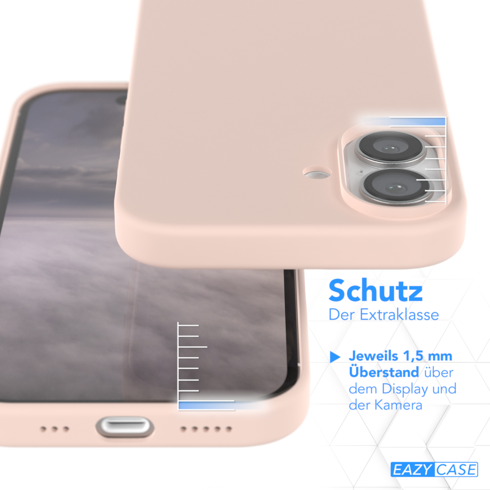 Eine Handyhülle in der Nähe eines Telefons, Details der Kamera. Die Hülle ist hellrosa, mit Text.