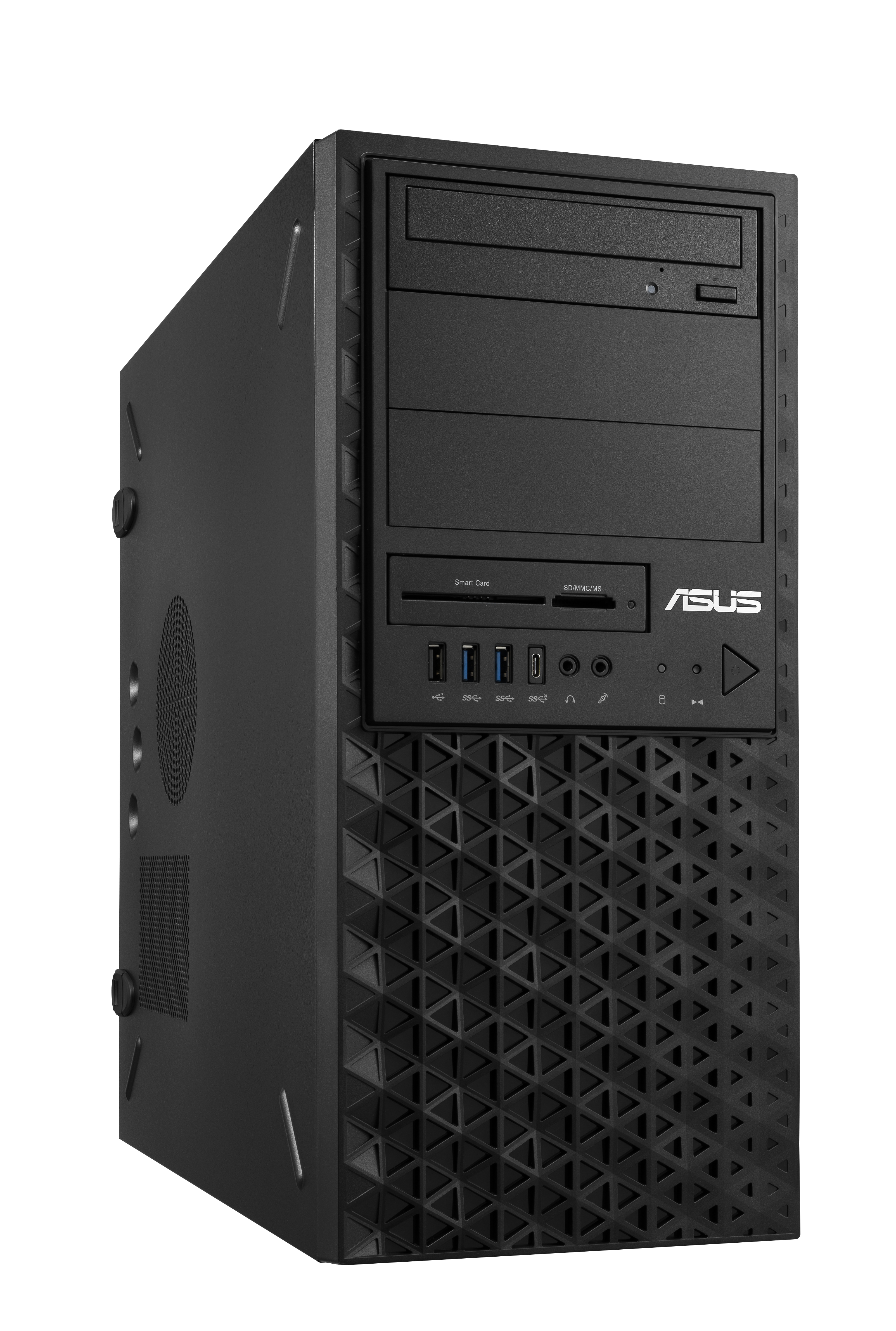 Un case per computer ASUS nero con pannello frontale strutturato, varie porte e un'unità DVD.