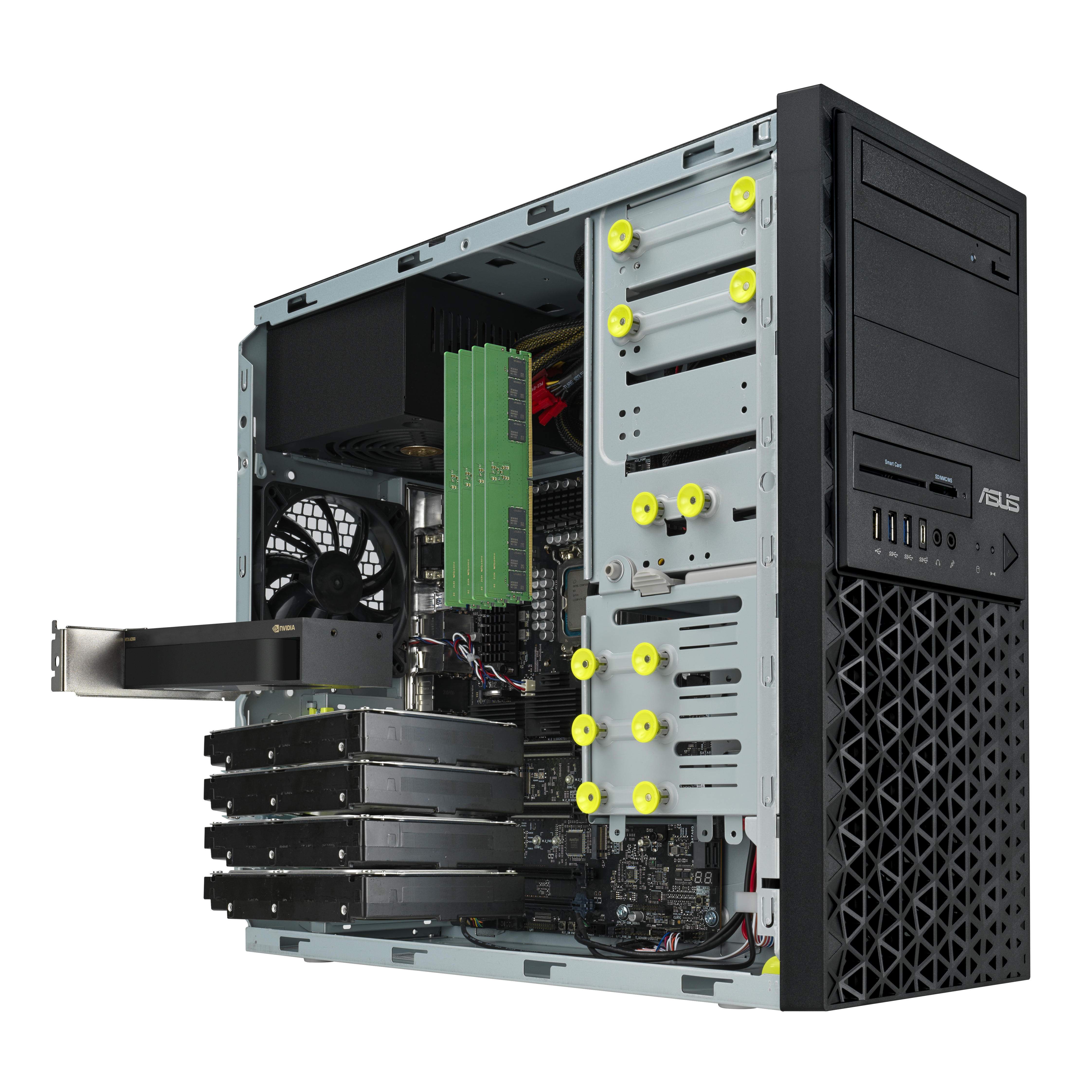 Case per computer aperto con componenti visibili: scheda madre, RAM, ventola e dischi rigidi.