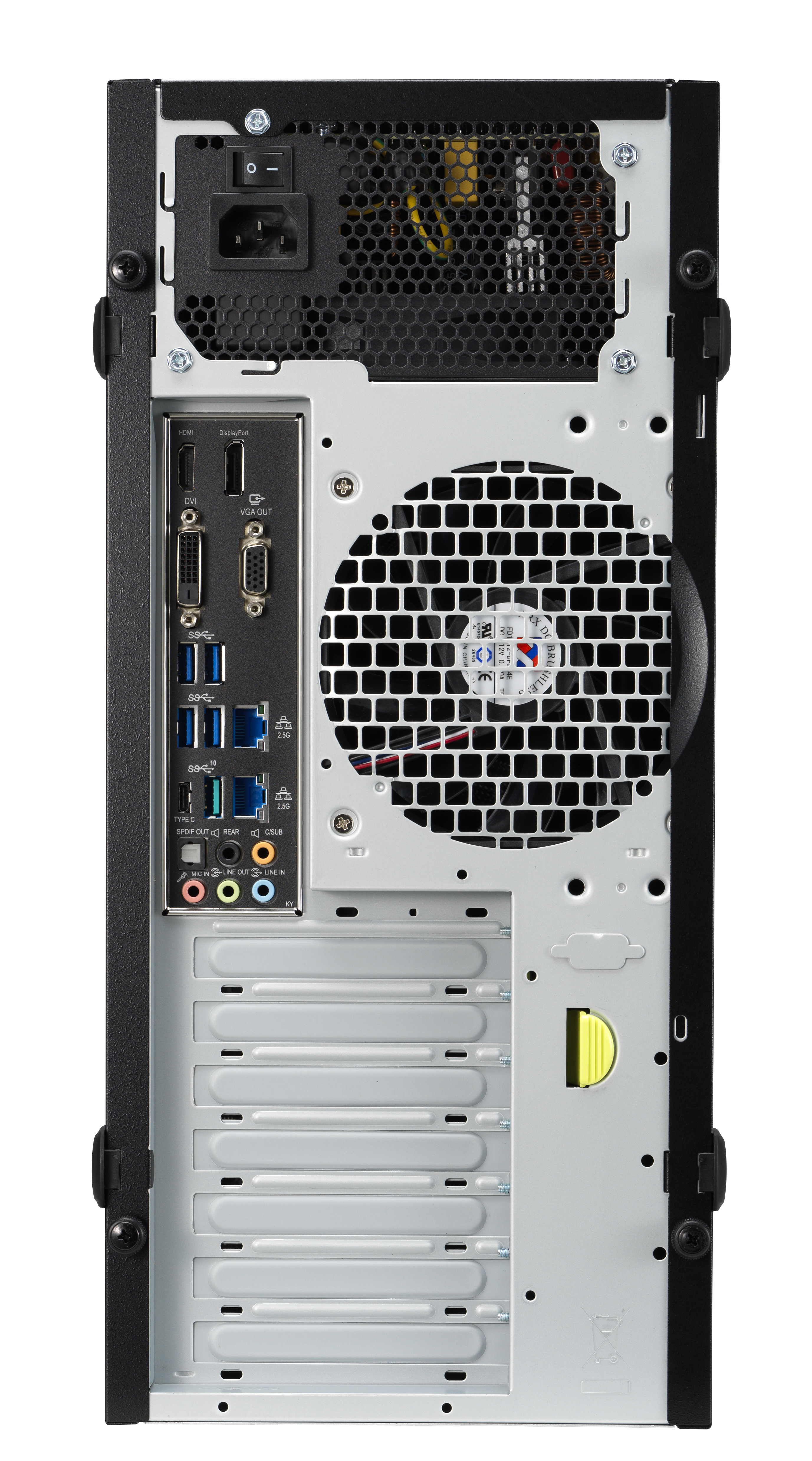 Retro di un computer tower con varie porte, ventola e connessione alimentazione. Schema colori nero e argento.
