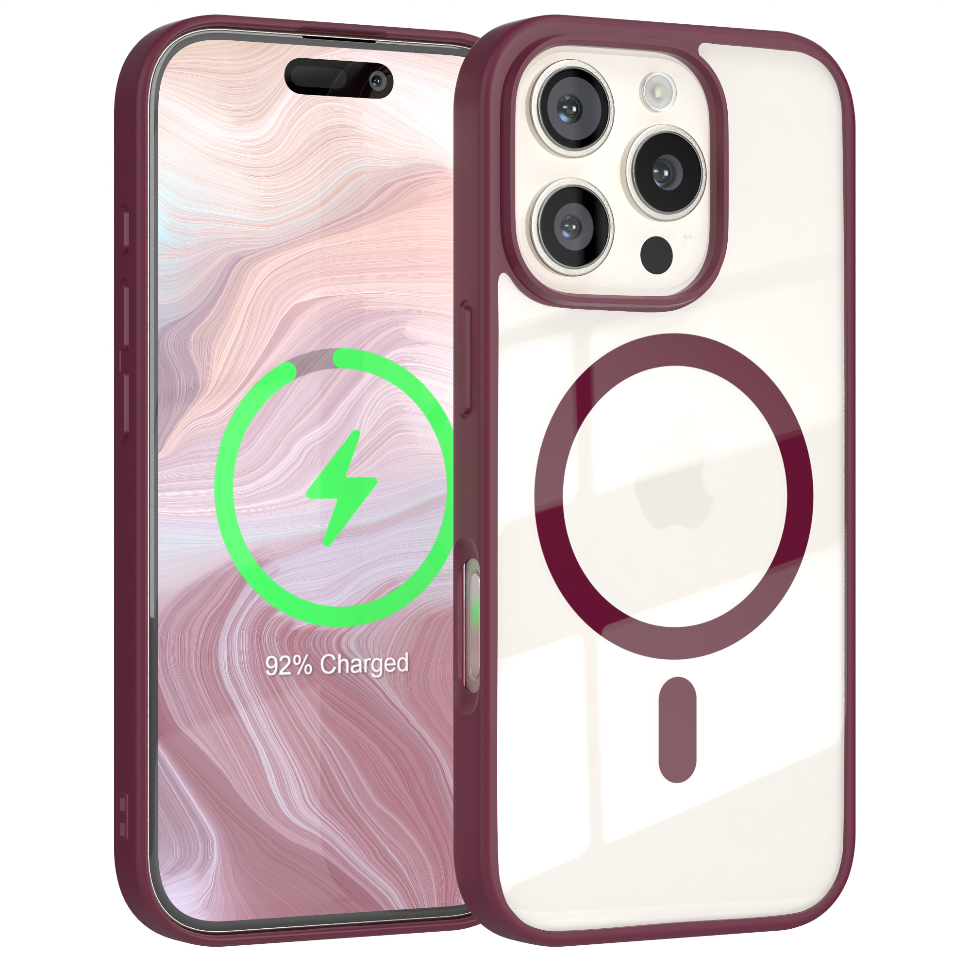 Ein Telefon in einer weinroten Hülle mit Ladesymbol. Rechts eine transparente Hülle mit weinrotem Ring.