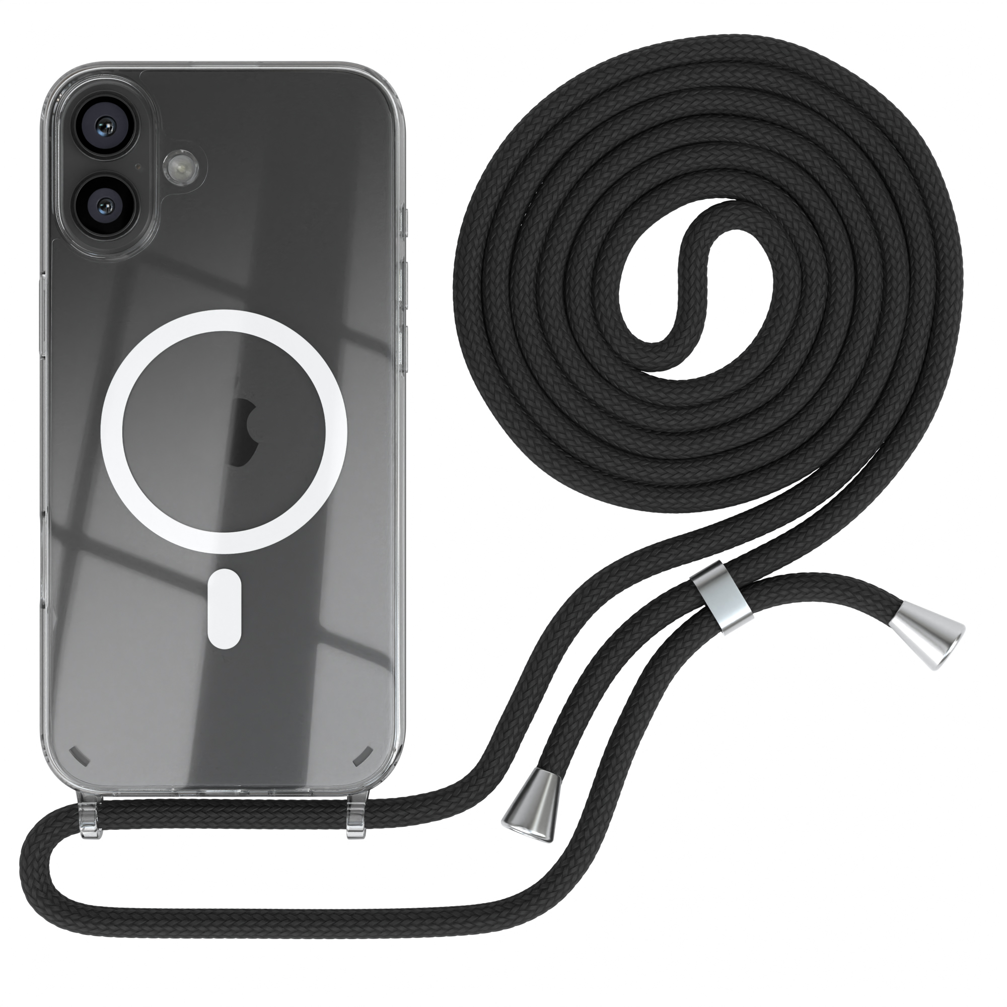 Transparente Handyhülle mit schwarzem Seil. Das Seil ist aufgerollt. Die Hülle hat einen MagSafe-Kreis.