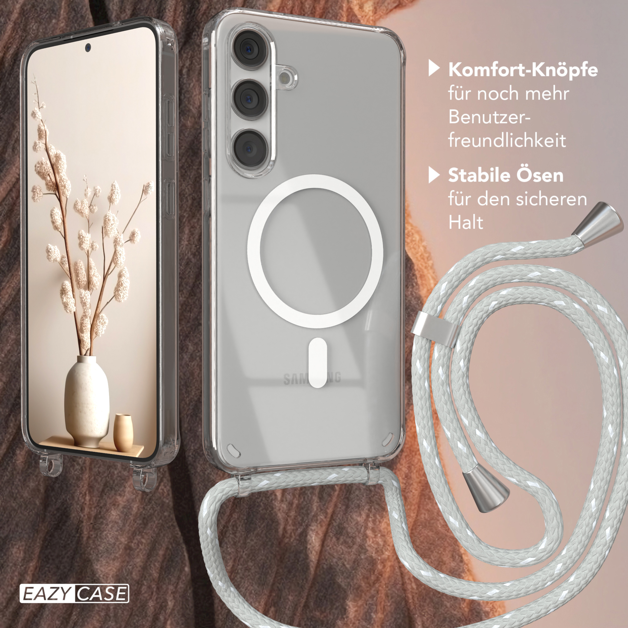 Eine Handyhülle mit Telefon und weißer Kordel auf brauner Oberfläche. Text erwähnt komfortable Knöpfe und stabile Schlaufen.