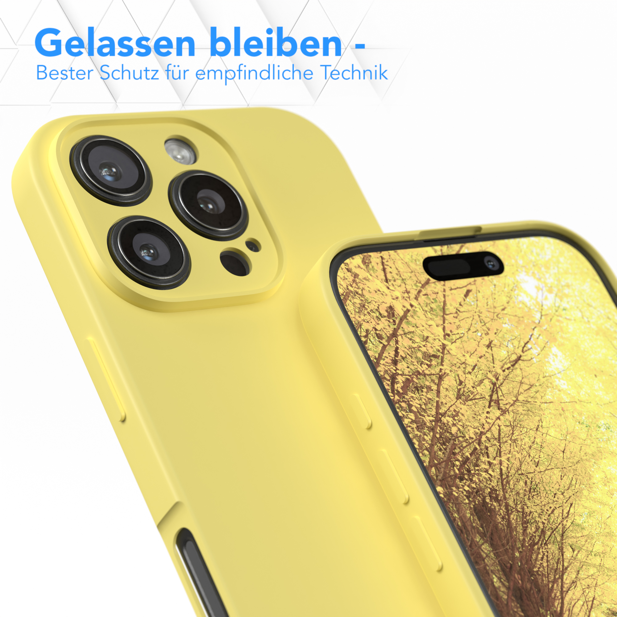 Eine gelbe Handyhülle auf gelbem Hintergrund, mit einem Telefon darin.