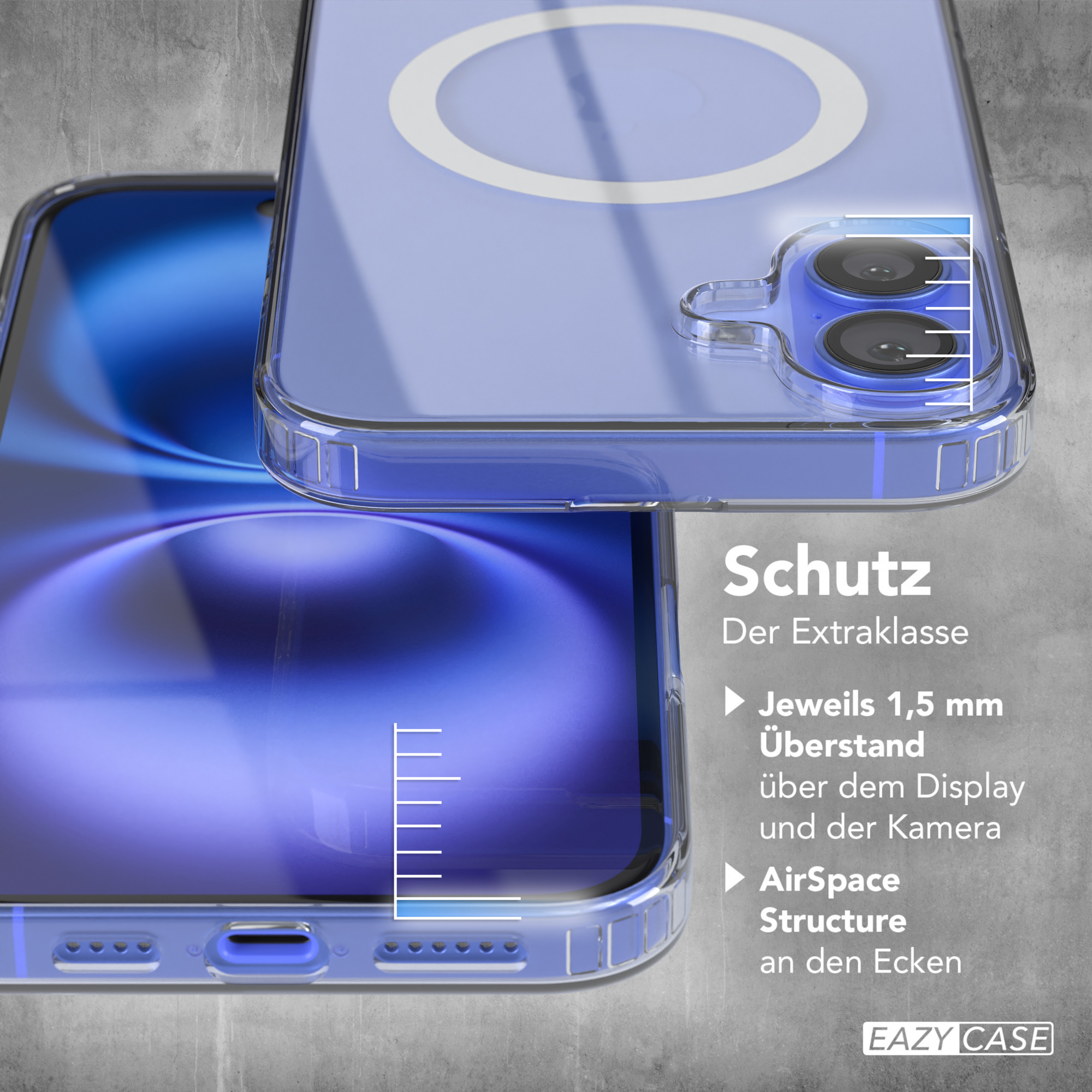 Nahaufnahme einer Handyhülle mit klarer Rückseite. Eigenschaften: 1,5 mm Display- und Kameraschutz.