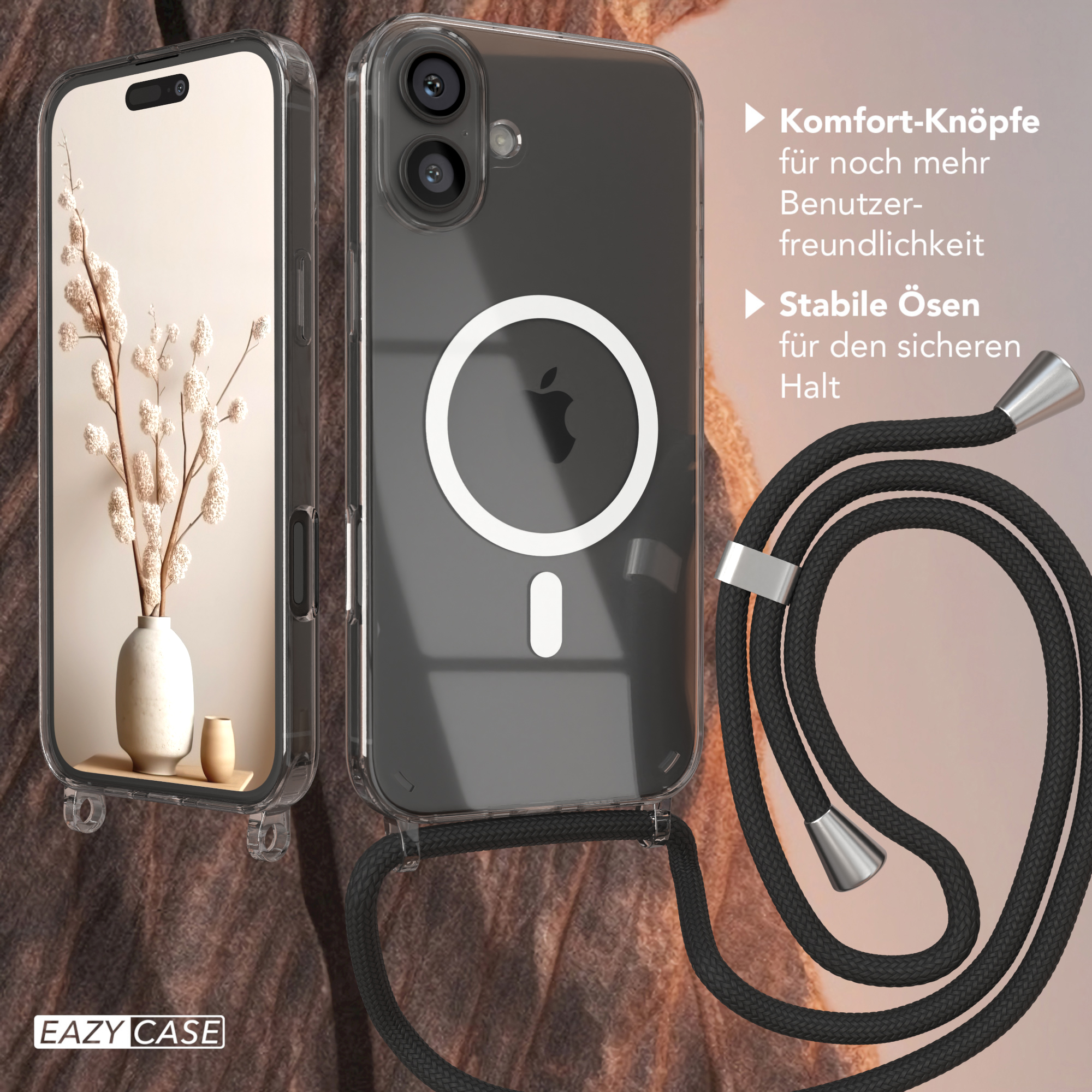 Handyhülle mit schwarzem Kabel, Telefon in der Hülle, Vase mit Blumen.