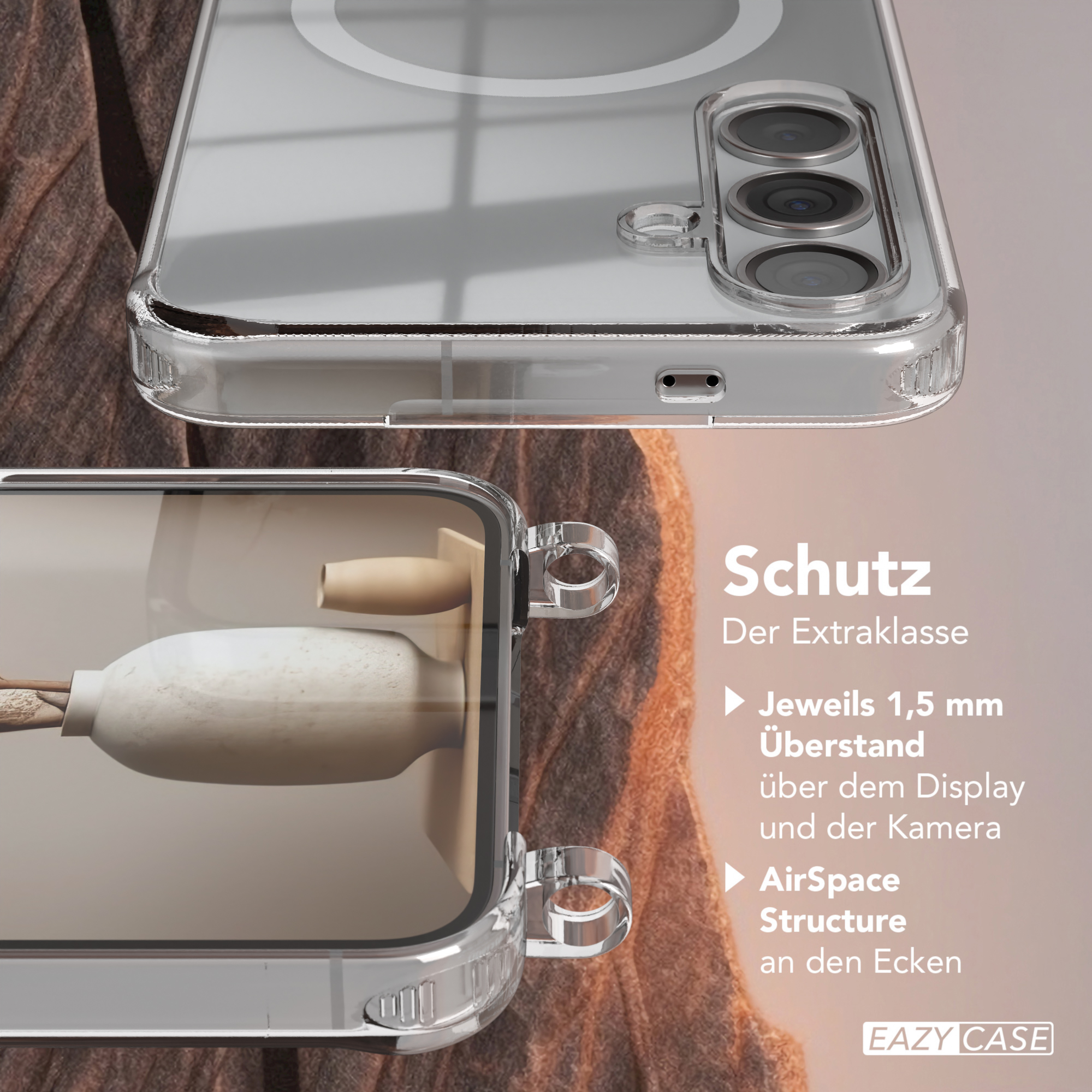 Transparente Handyhülle mit Telefon. Es zeigt eine Kamera und eine kleine Vase mit Blumendesign.