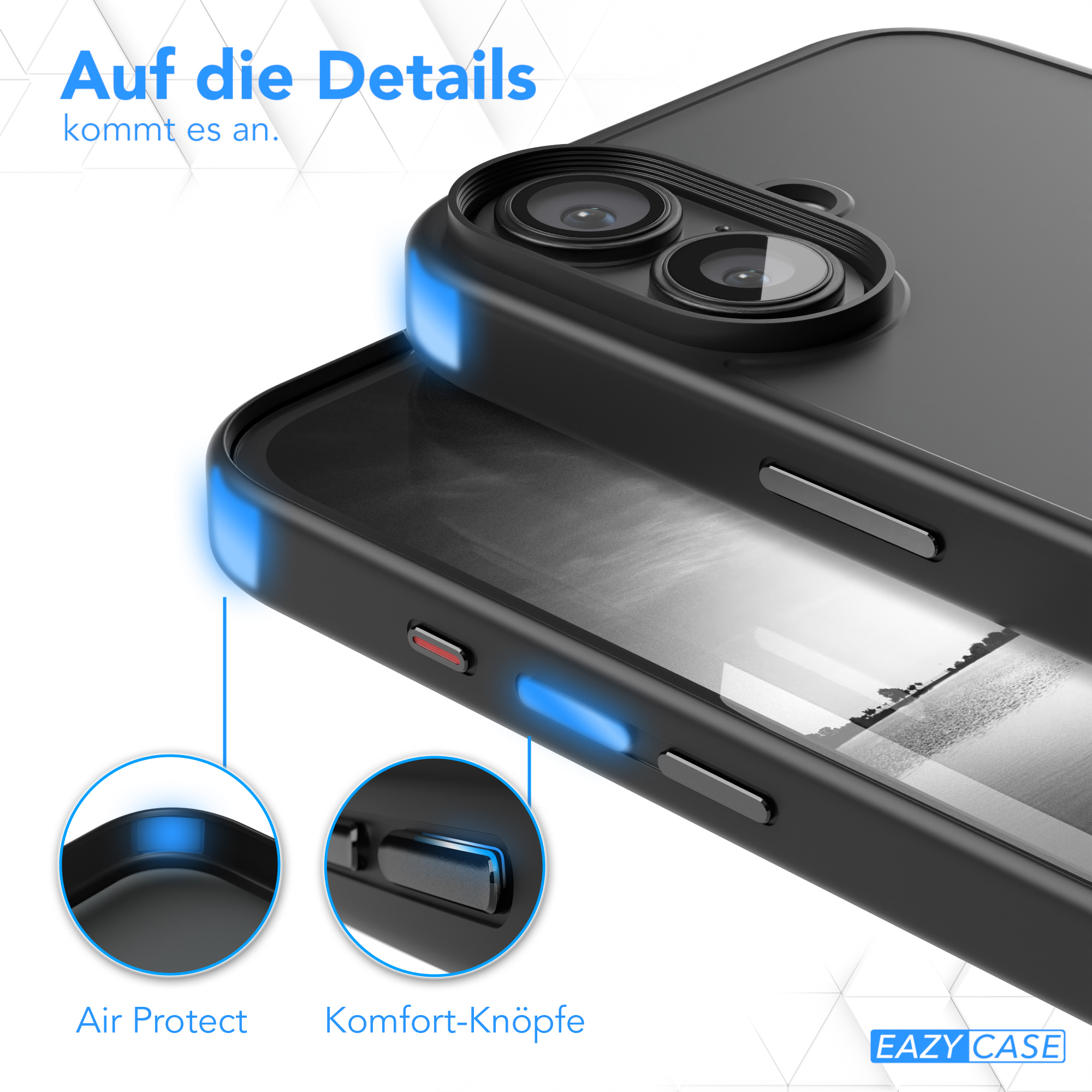 Nahaufnahme einer Handyhülle. Es zeigt die Knöpfe und die Air Protect Funktion.