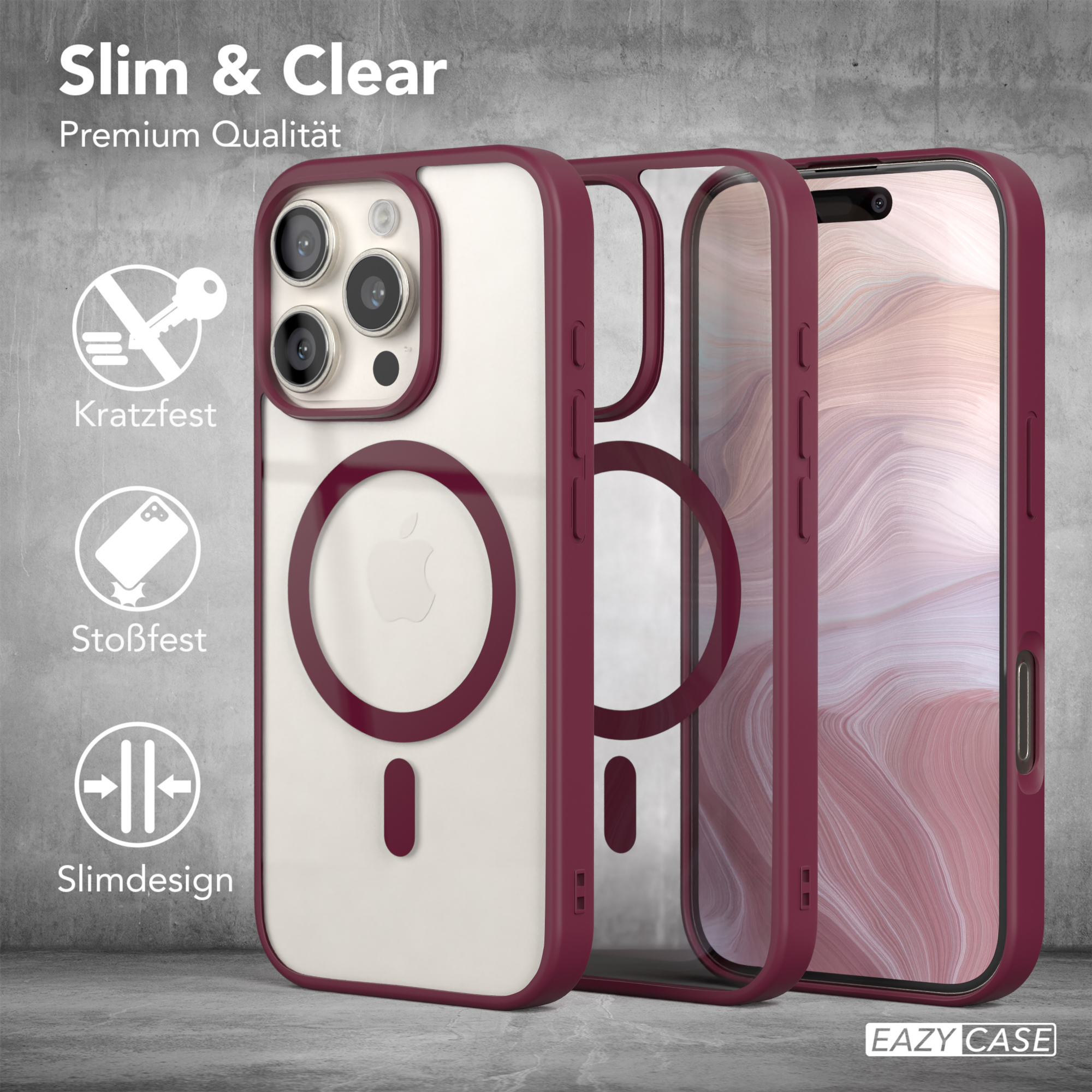 Handyhülle mit Telefon darin. Kastanienbraun und grau. Transparente Rückseite mit Telefon sichtbar. Weißer Hintergrund.