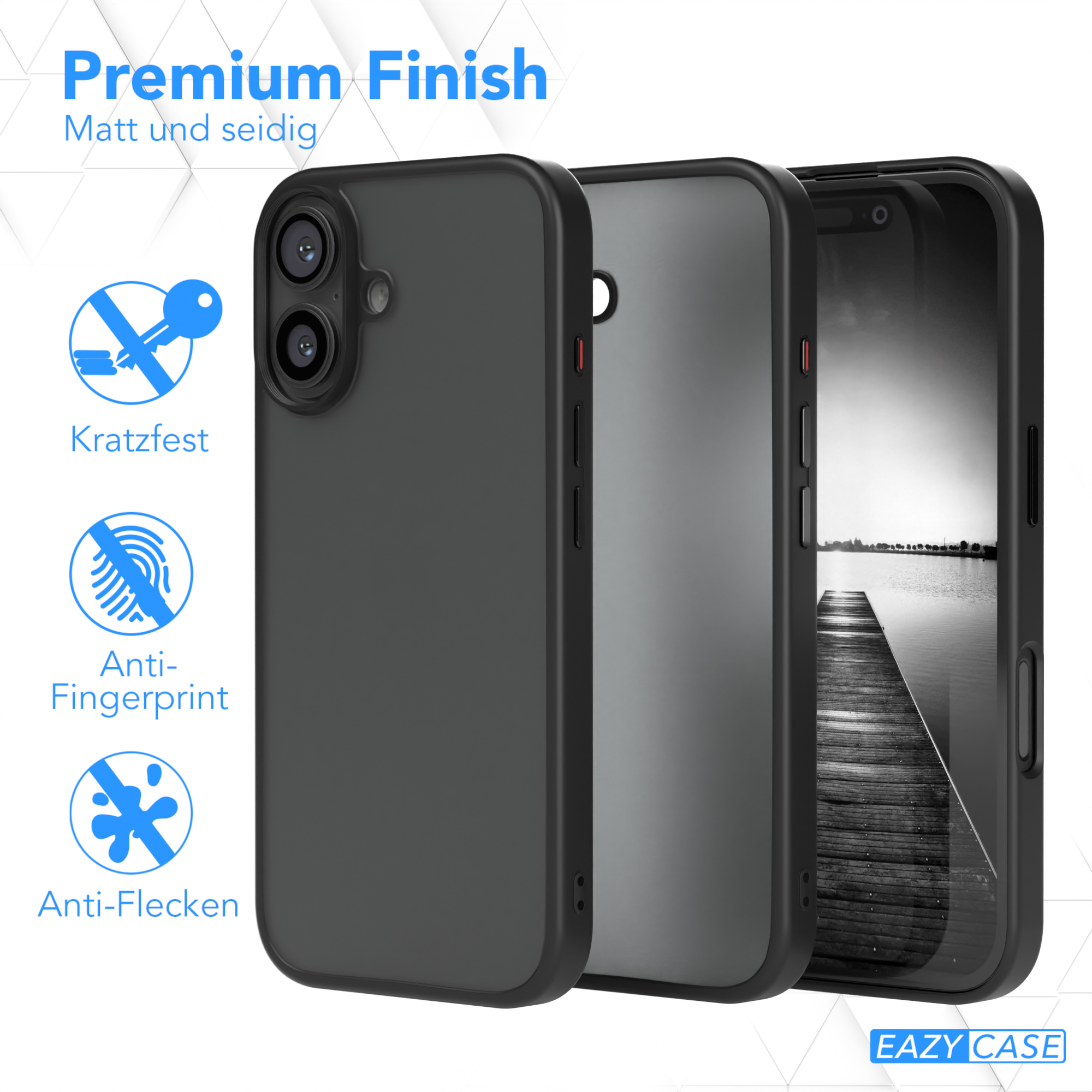 Drei schwarze Telefonhüllen. Eine offen, zeigt ein Telefon. Text: Premium-Finish, kratzfest, fingerabdruckresistent.