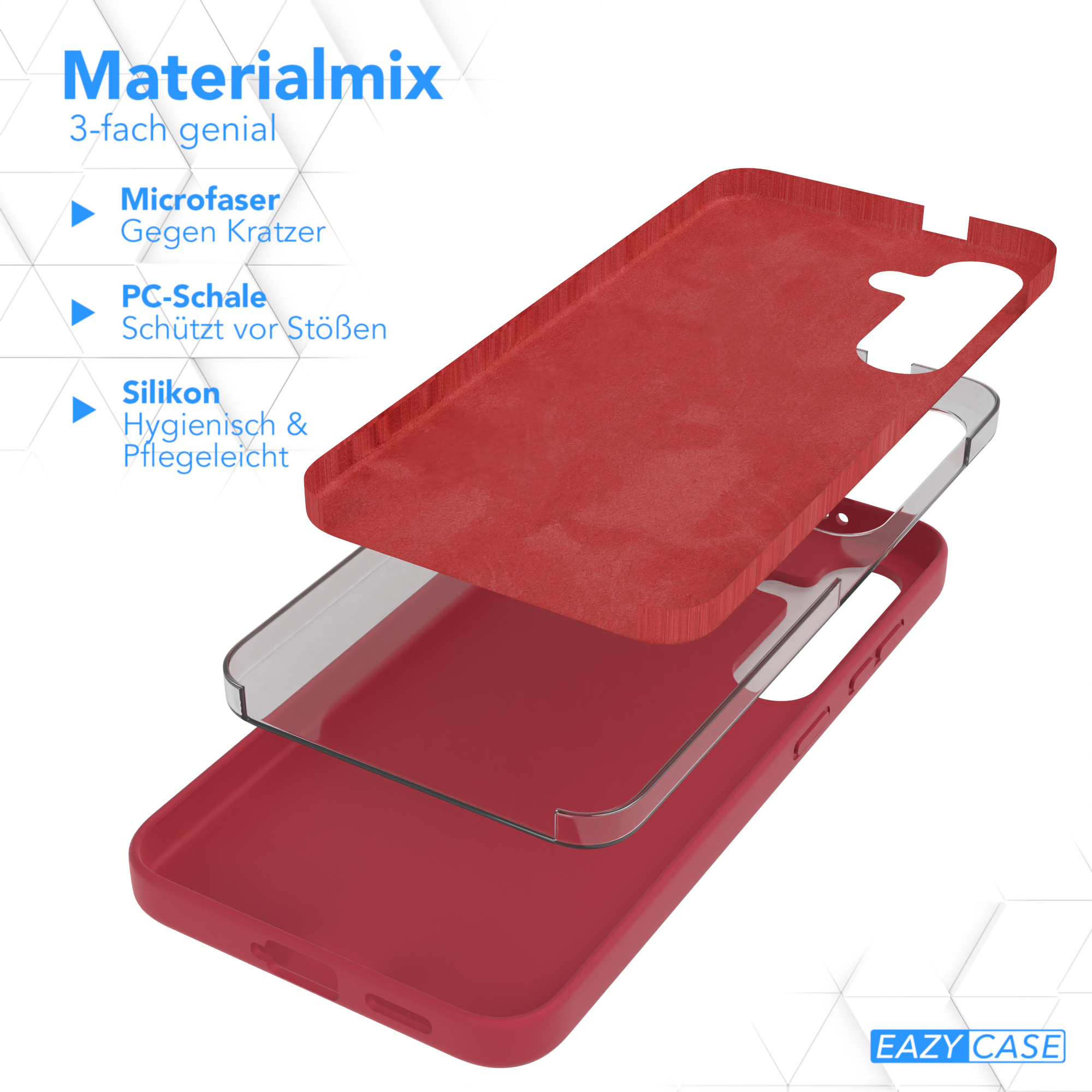 Explodierte Ansicht einer Handyhülle mit Schichten. Rotes Äußeres, transparente Schicht, rotes Inneres.