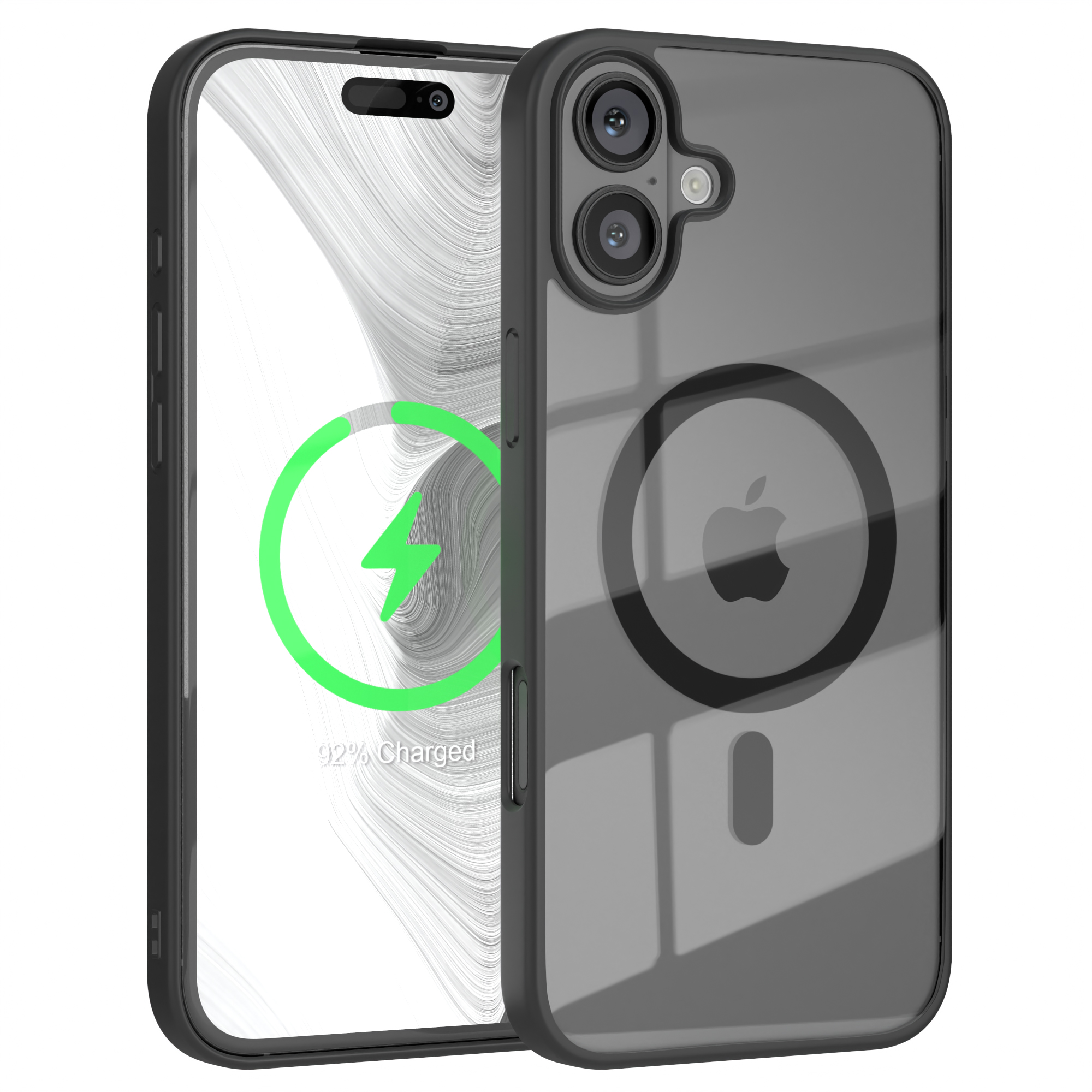 Schwarze Handyhülle und Telefonbildschirm mit Ladesymbol. Weißer Hintergrund.