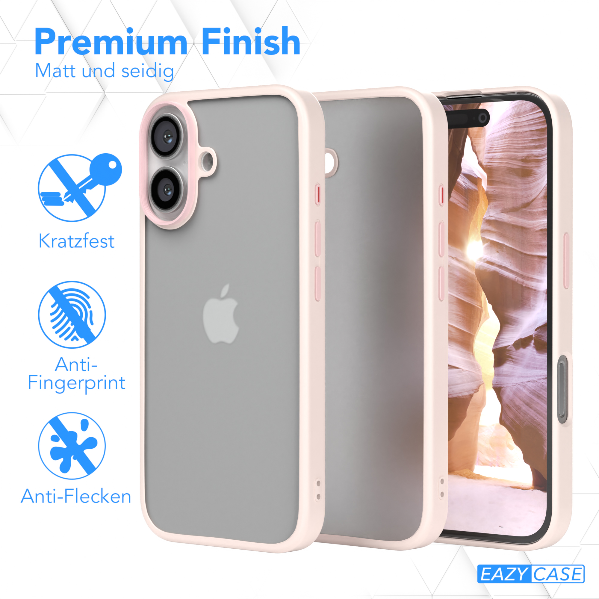 Weiß-rosa Handyhülle mit Telefon, Text über Funktionen.