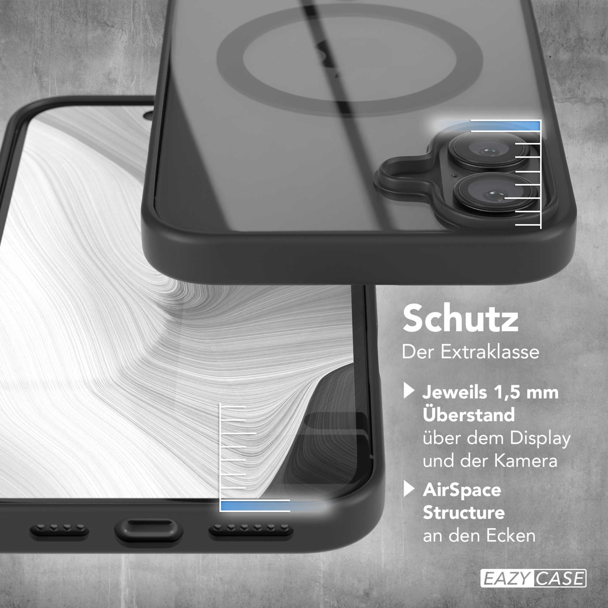 Nahaufnahme einer schwarzen Handyhülle mit einem Handy darin. Die Hülle ist offen, das Display ist sichtbar.