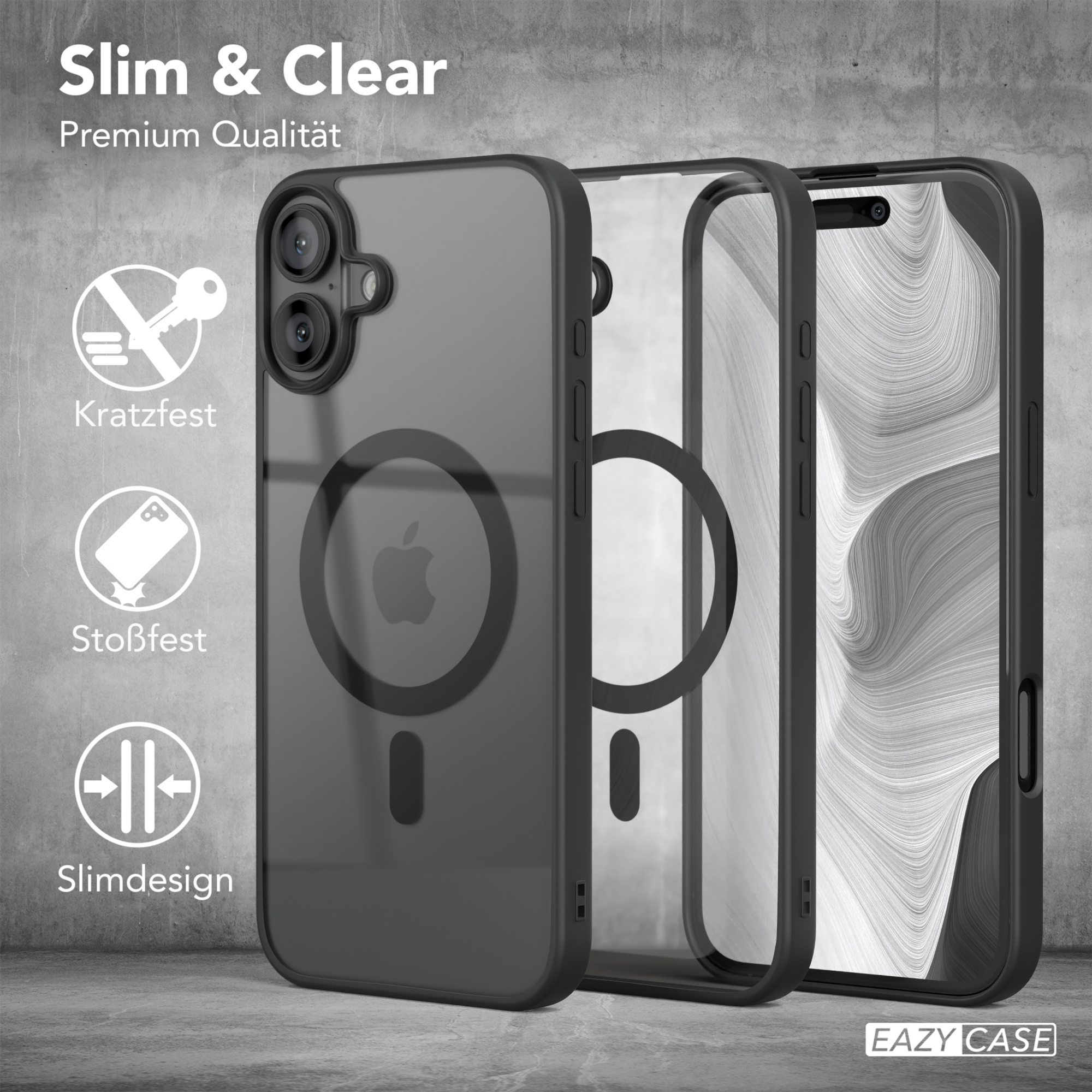 Schwarze Handyhülle mit Apple-Logo, neben einem Telefon und zwei weiteren Schichten.