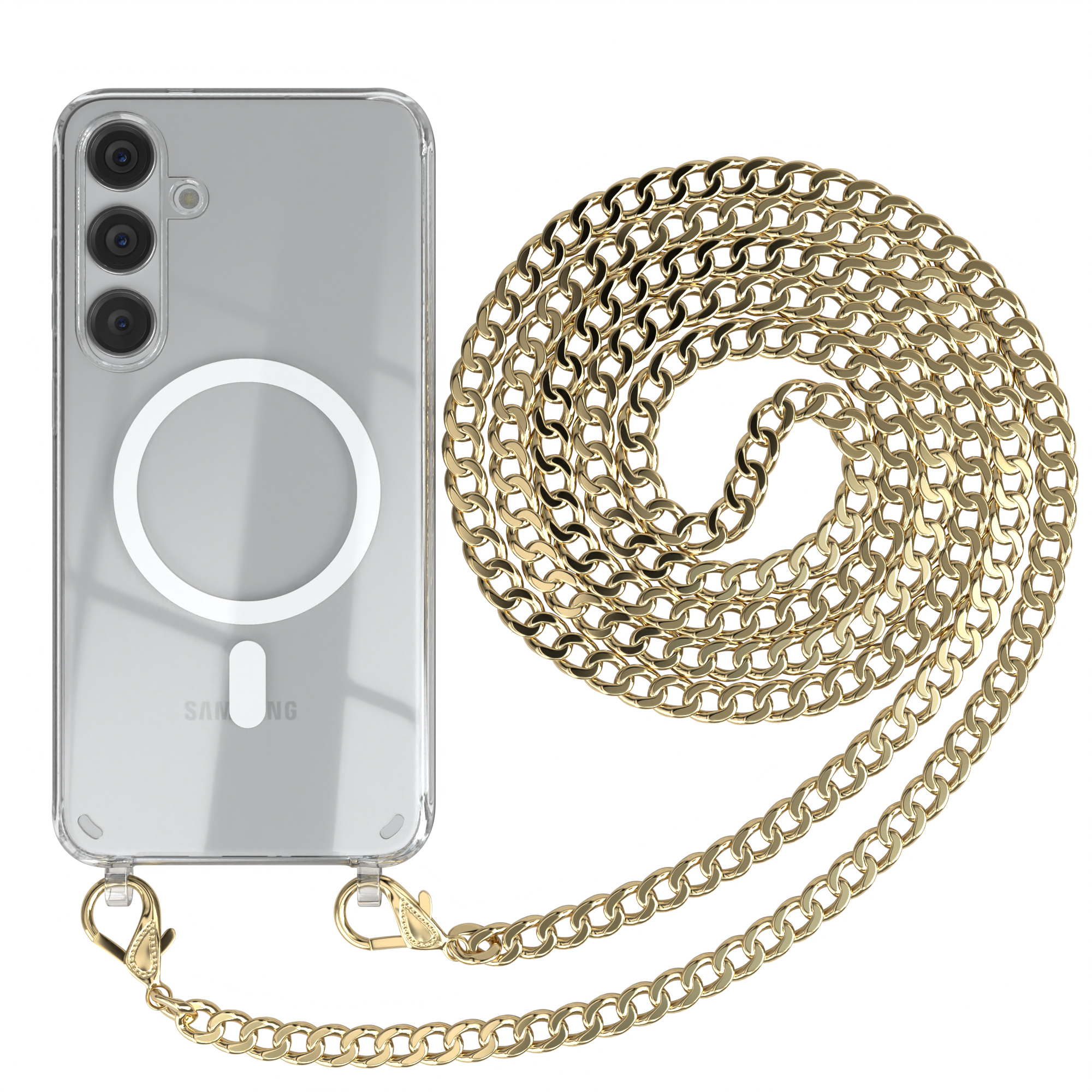 Transparente Handyhülle mit goldener Kette. Telefon hat drei Kameras und weißen Kreis.