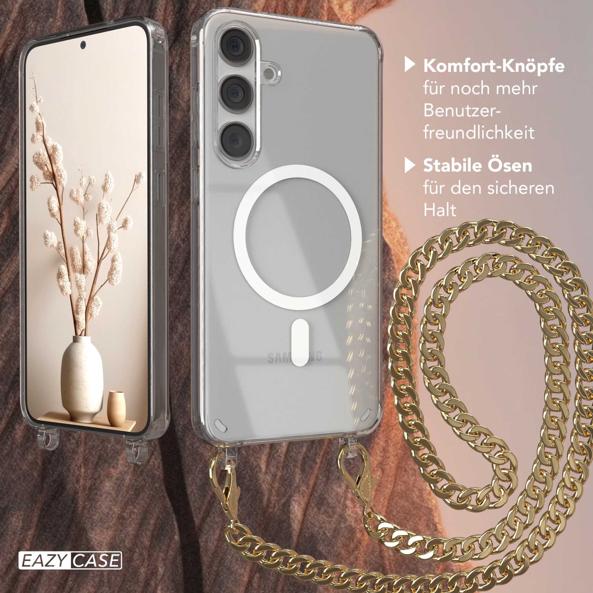 Eine Handyhülle mit Kette und eine Vase mit Blumen, auf braunem Hintergrund.