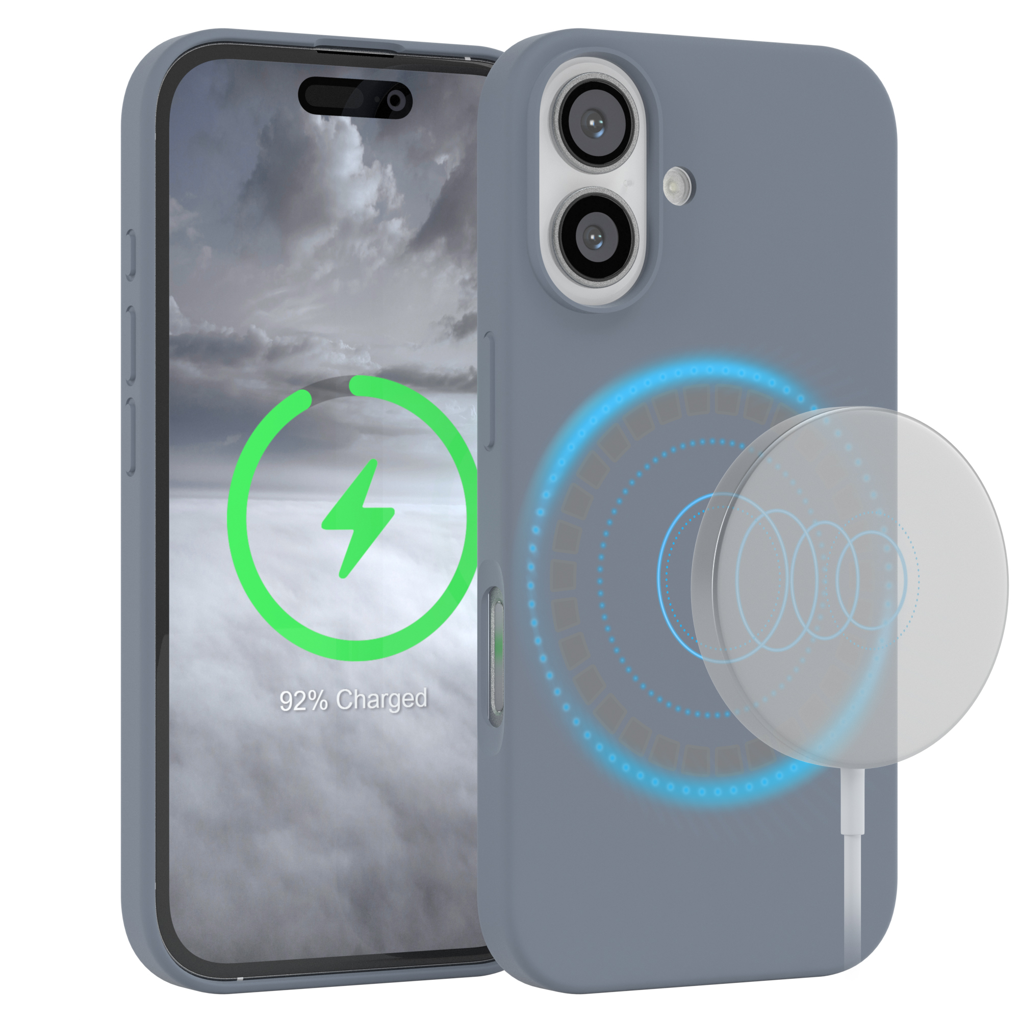 Telefon mit Hülle und einem Ladepad. Die Hülle hat eine Ladeanzeige.