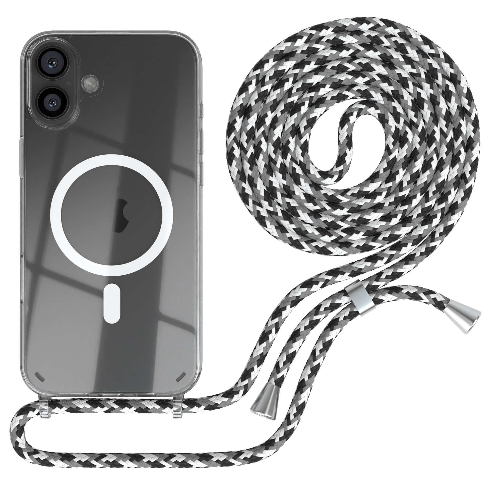 Transparente Handyhülle mit schwarz-weißem Kabel. Apple-Logo sichtbar.