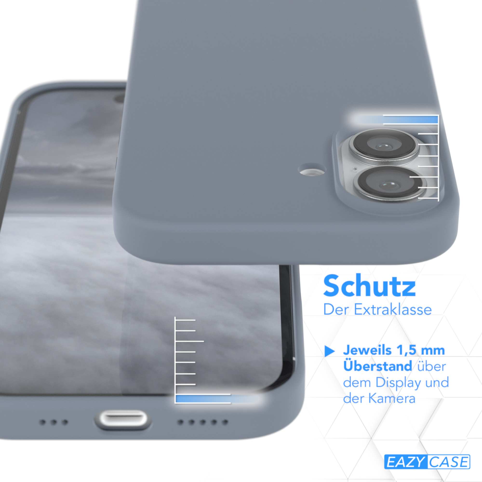 Nahaufnahme einer grauen Handyhülle mit Schutzfunktionen: 1,5 mm Schutz und klarer Rand.