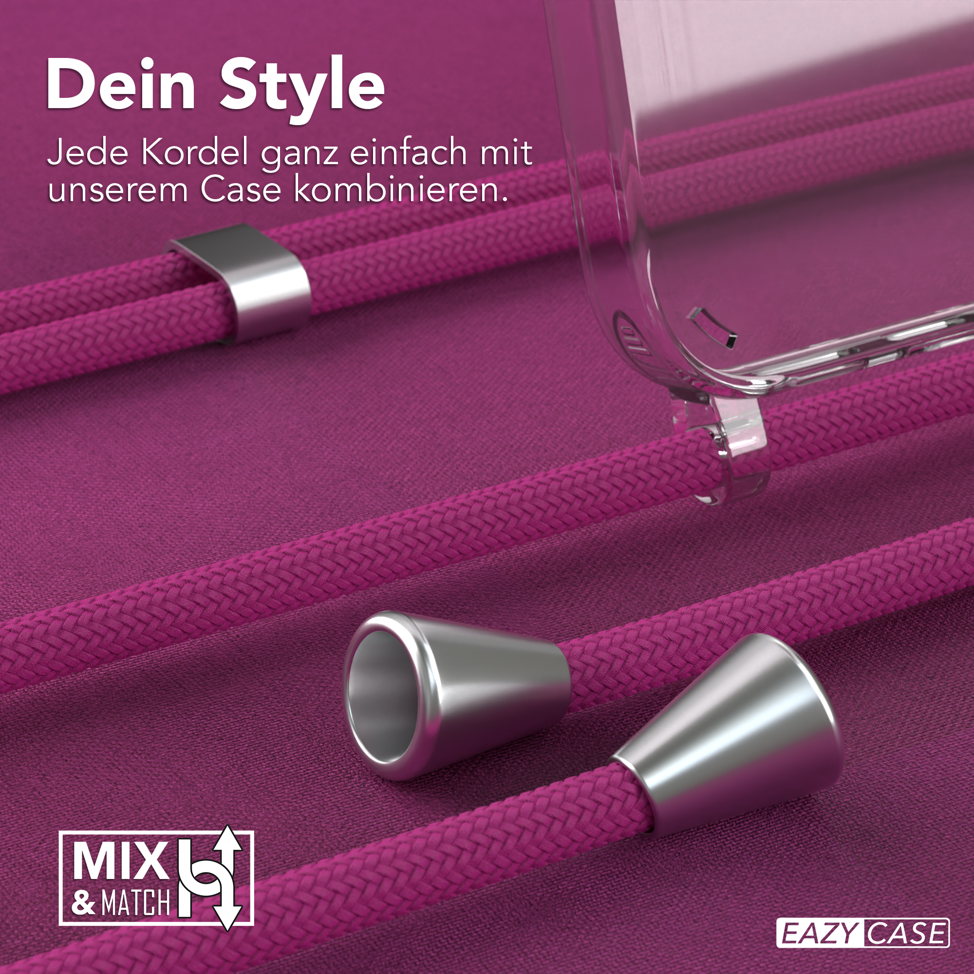 Nahaufnahme von pinkfarbenen Kordeln mit silbernen Akzenten und einer transparenten Handyhülle.