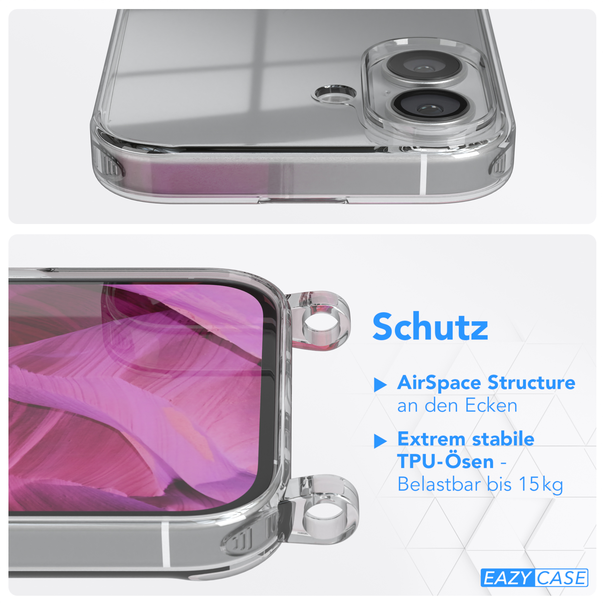 Nahaufnahme einer transparenten Handyhülle. Text: AirSpace Structure, Extrem stabile TPU-Ösen.
