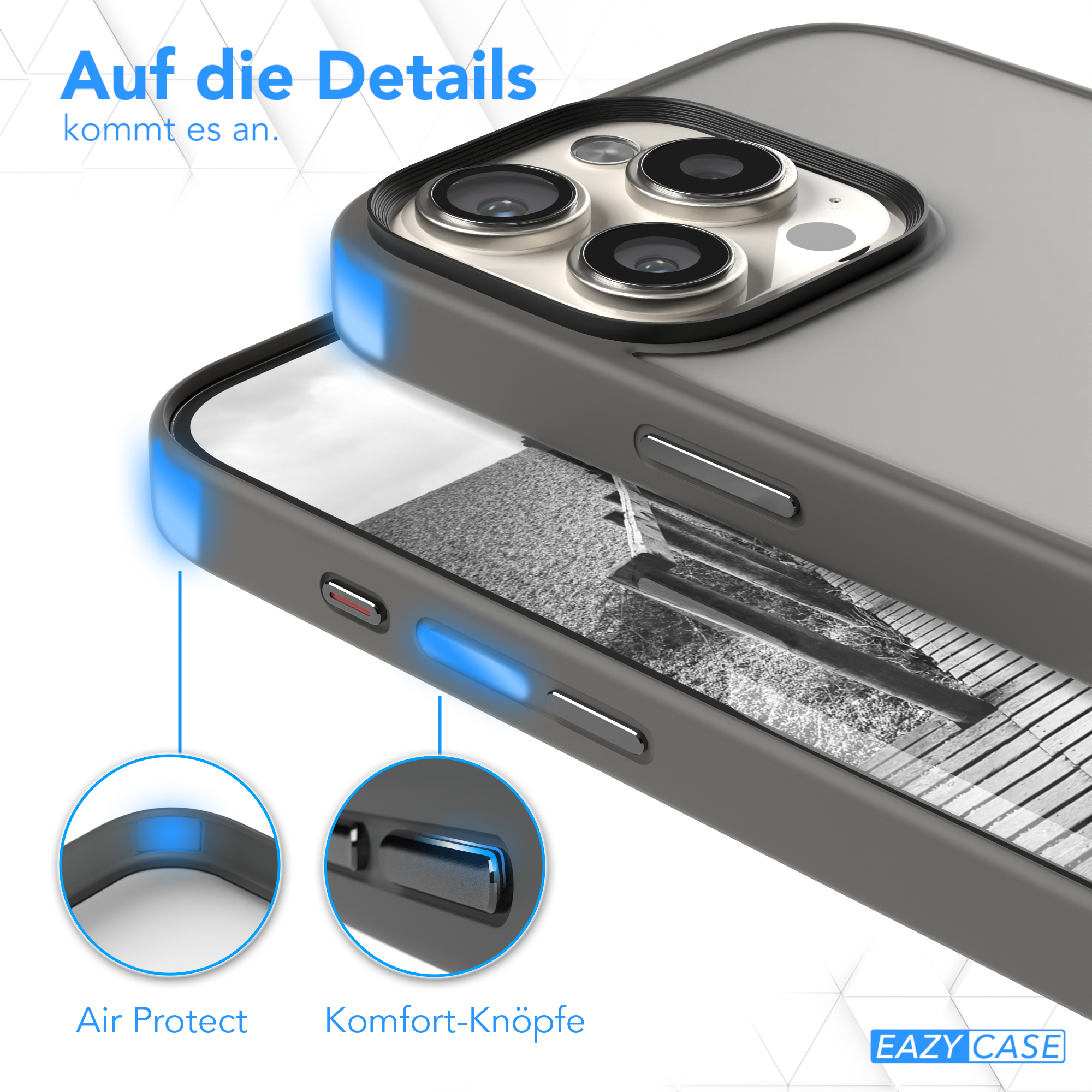 Nahaufnahme der Handyhülle mit hervorgehobenen Knöpfen, zeigt Luftschutz.