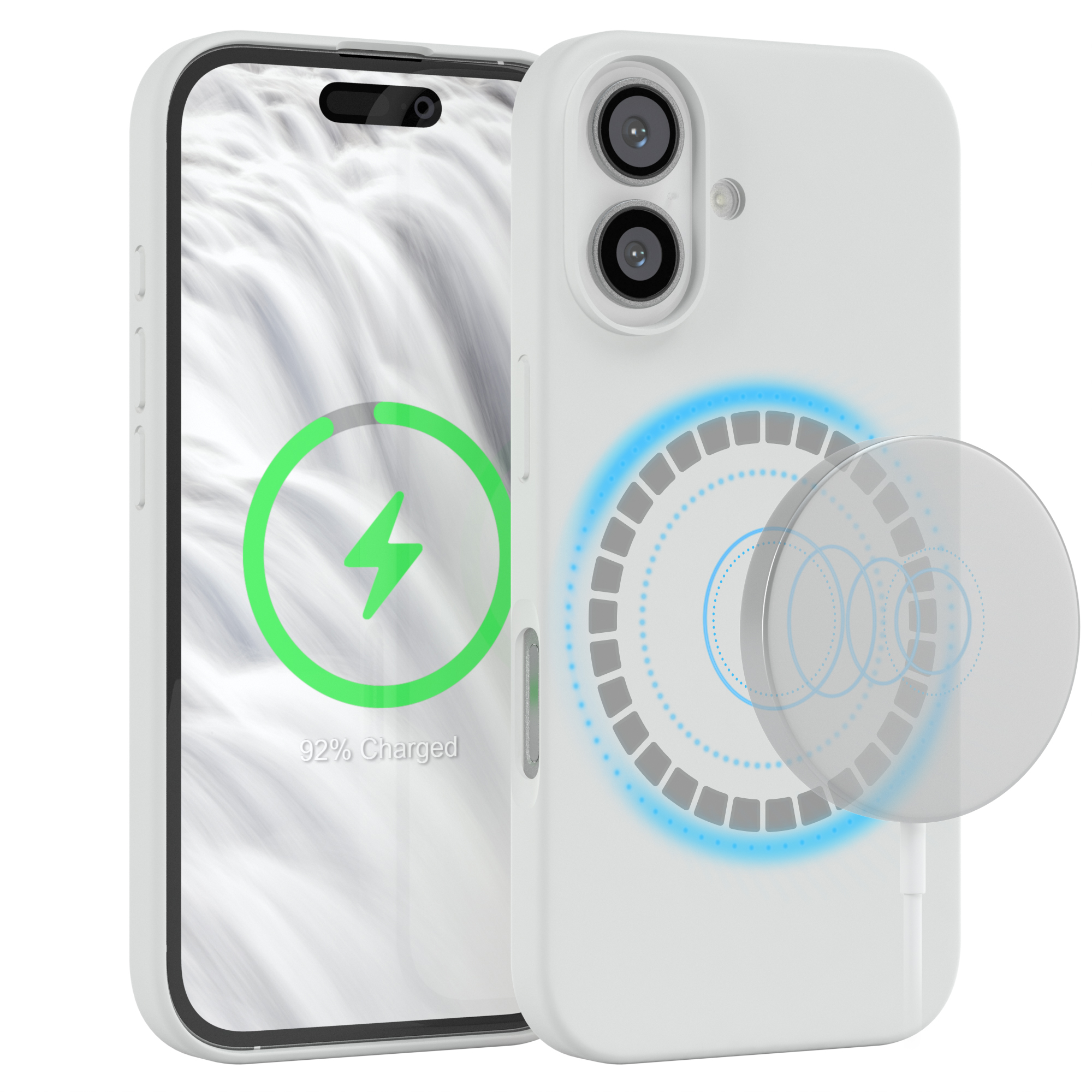 Weißes Telefon mit Ladehülle, Ladesymbol und transparentem Kreis.