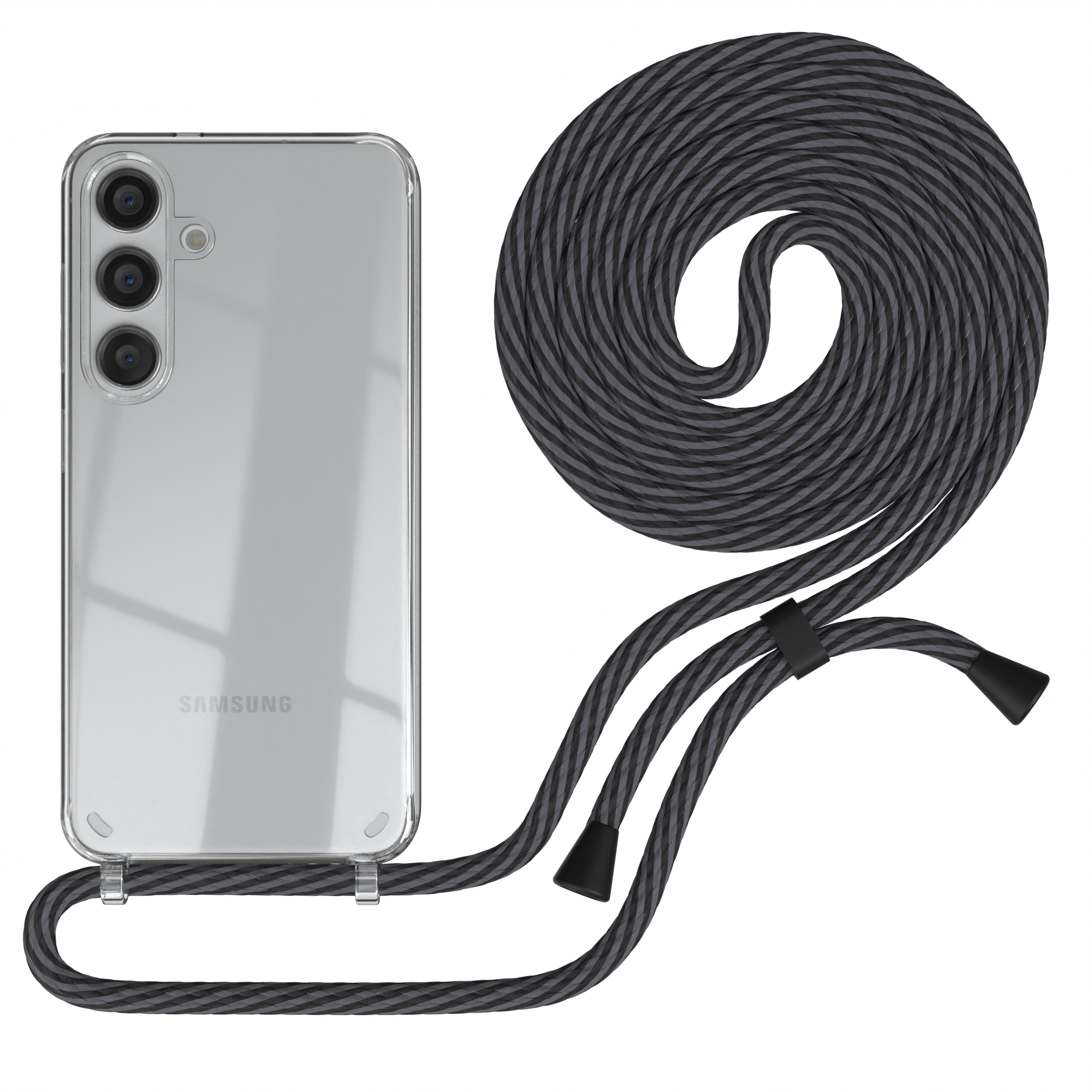 Klare Handyhülle mit grauem Kabel. Das Telefon hat drei Kameras. Der Hintergrund ist weiß.