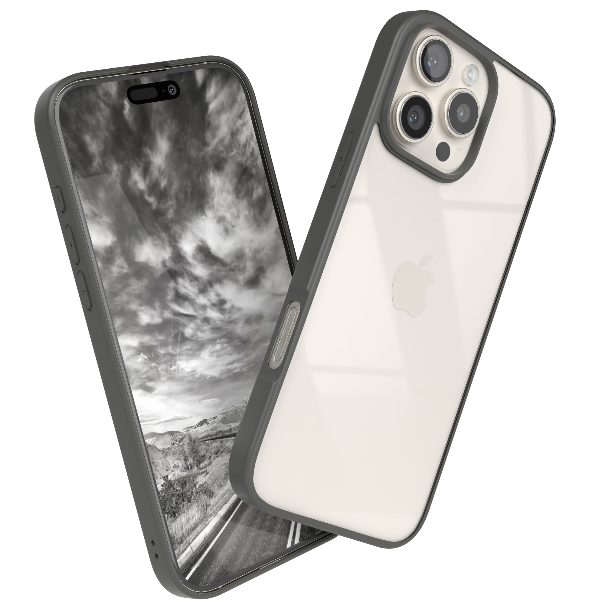 Zwei Telefone mit Hüllen, eines zeigt eine Landschaft, das andere die Rückseite des Telefons.
