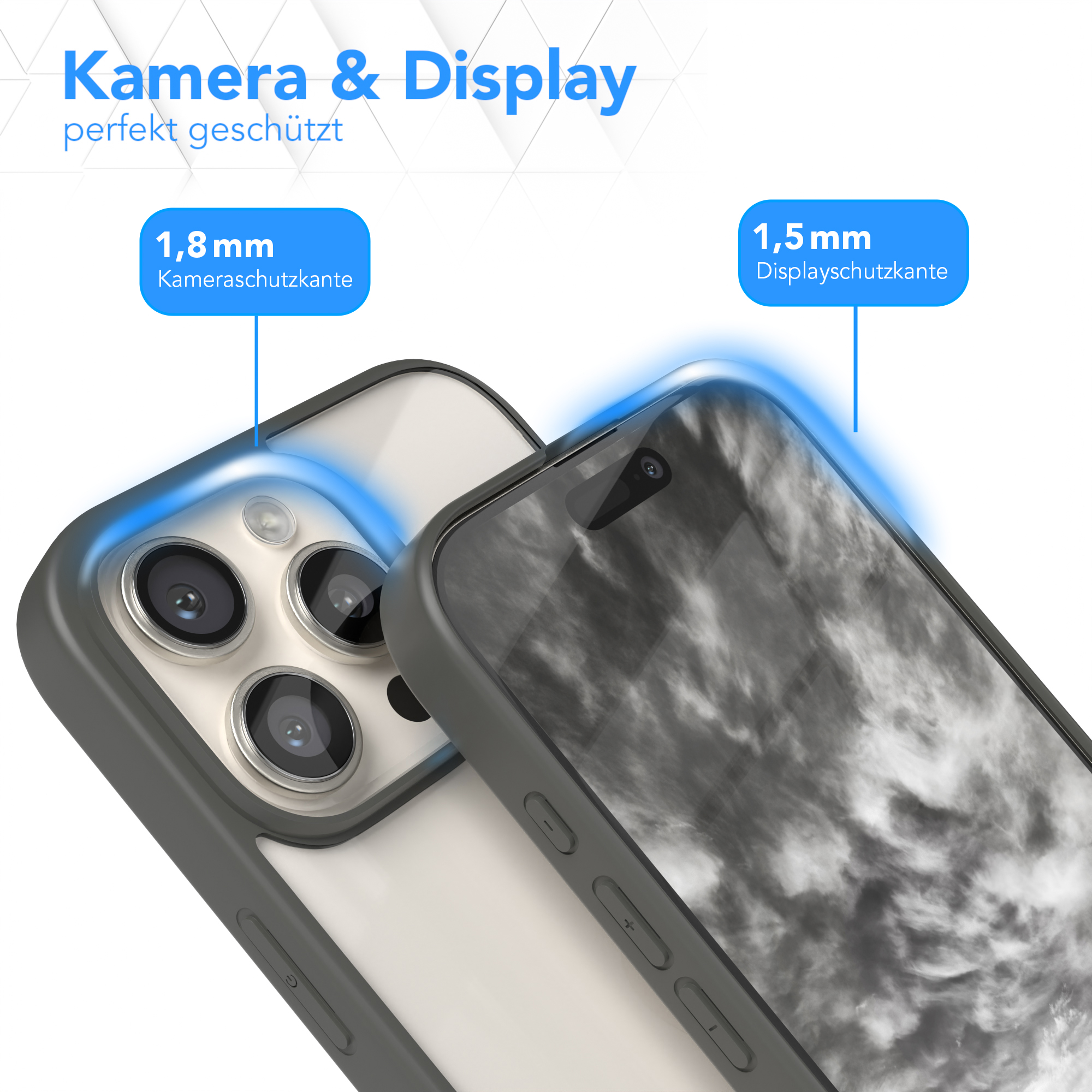 Handyhülle schützt Display und Kamera. Nahaufnahme.