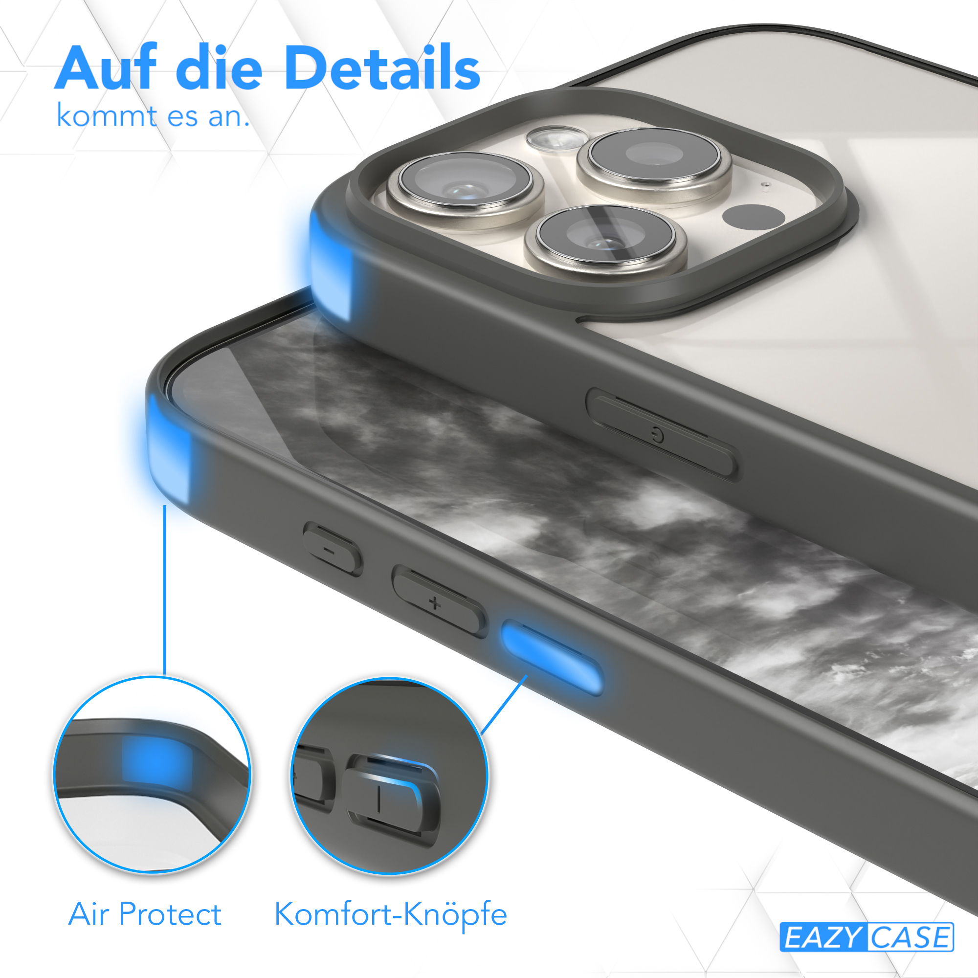 Handyhülle mit schwarzem Rahmen, blauen Akzenten und Knöpfen. Nahaufnahme. Weißer Hintergrund.