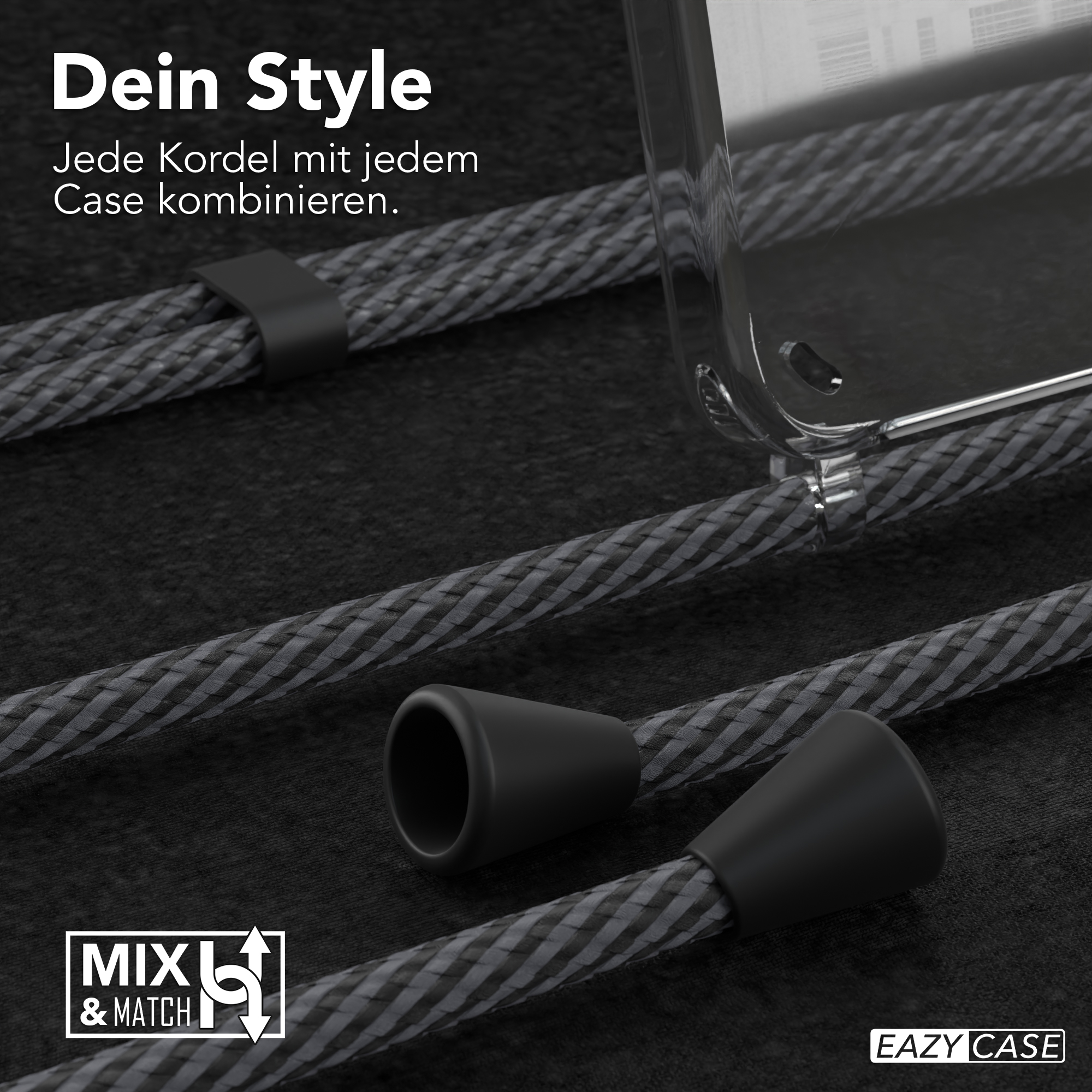 Nahaufnahme von Handyhülle und grauen Kordeln auf dunklem Stoff. Text: Dein Style.