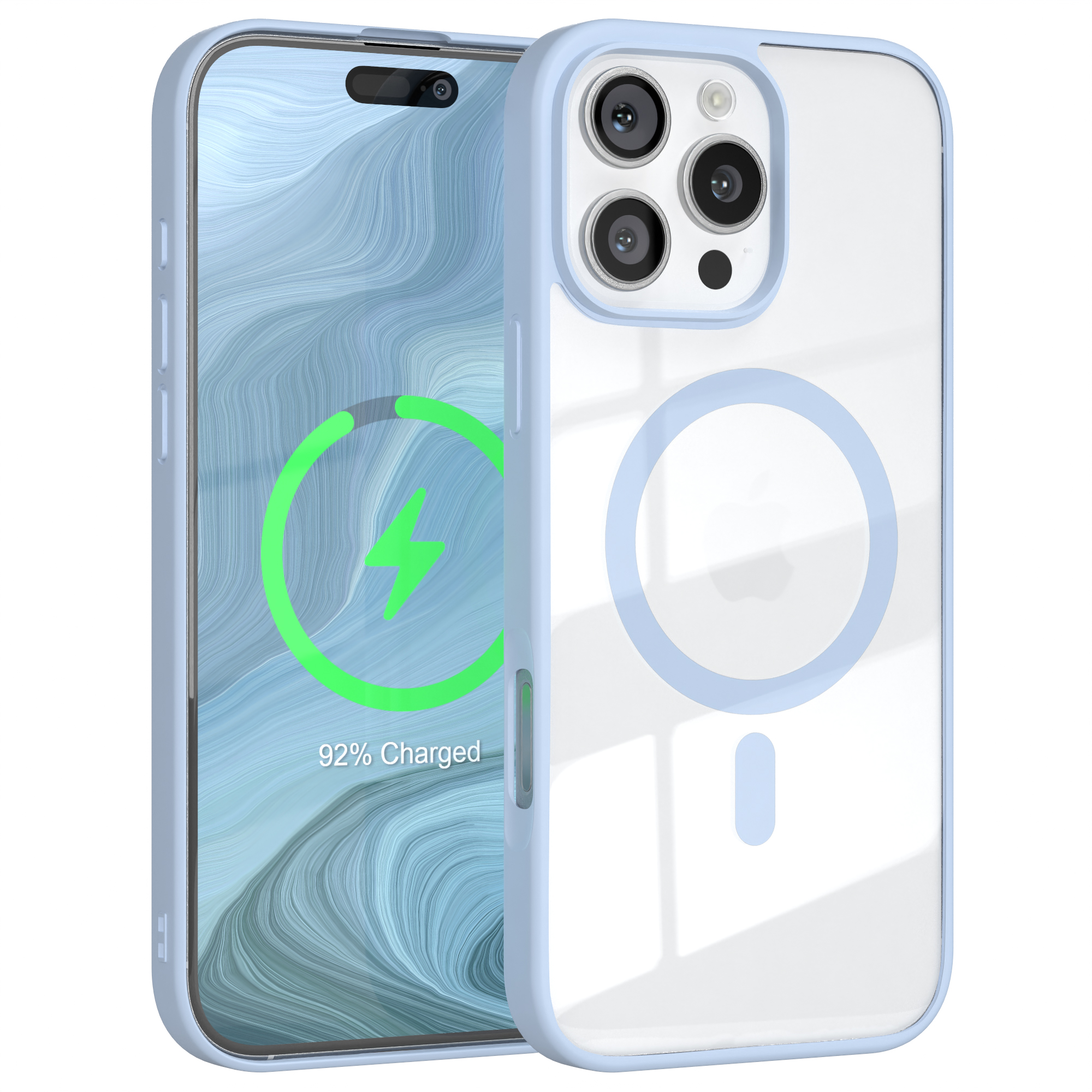 Telefonhülle mit einem Telefon, das einen Ladebildschirm anzeigt. Die Hülle ist blau. Der Bildschirm zeigt ein grünes Ladesymbol.