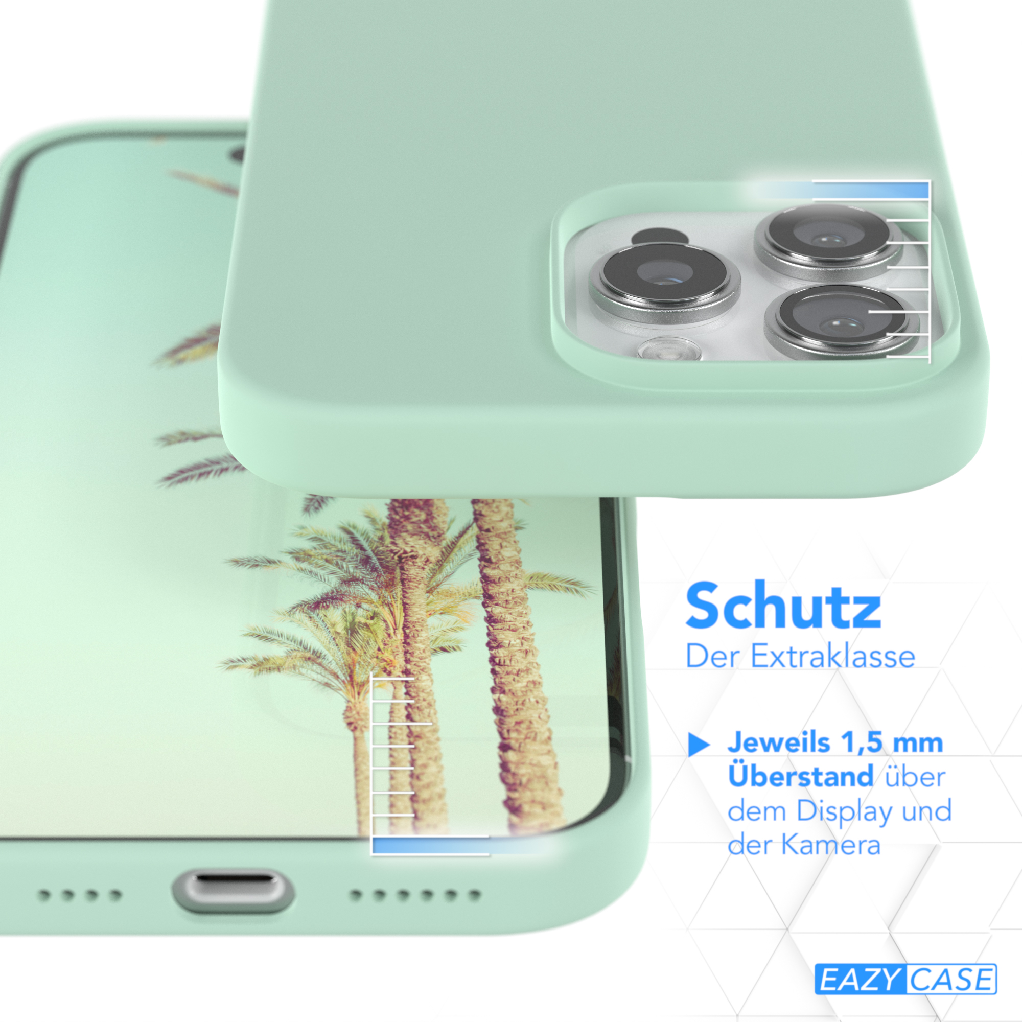 Grüne Handyhülle mit Palmenmotiv, Schutzfunktionen.