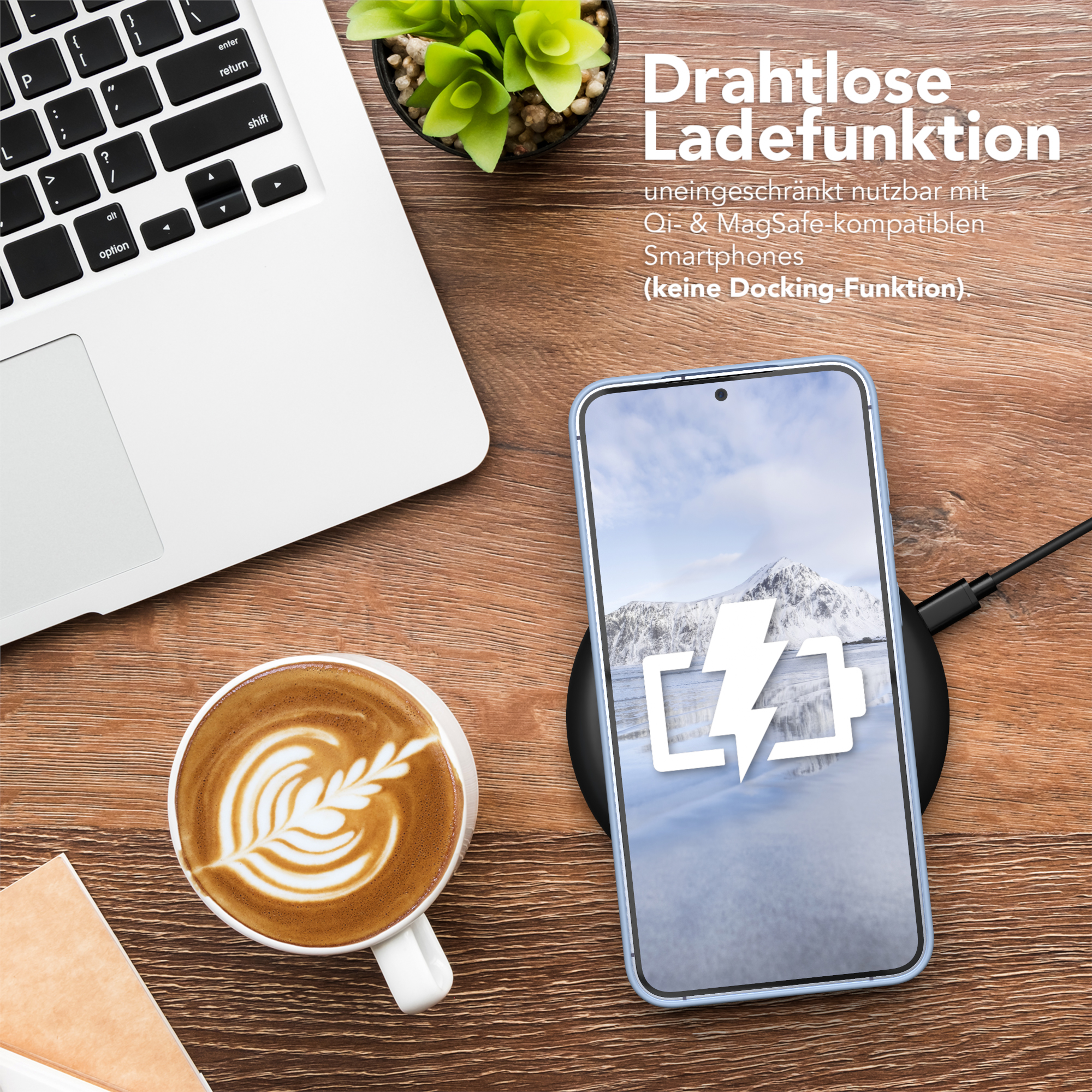 Smartphone auf kabellosem Ladegerät, Kaffee, Laptop und Text: 'Kabellose Ladefunktion'.