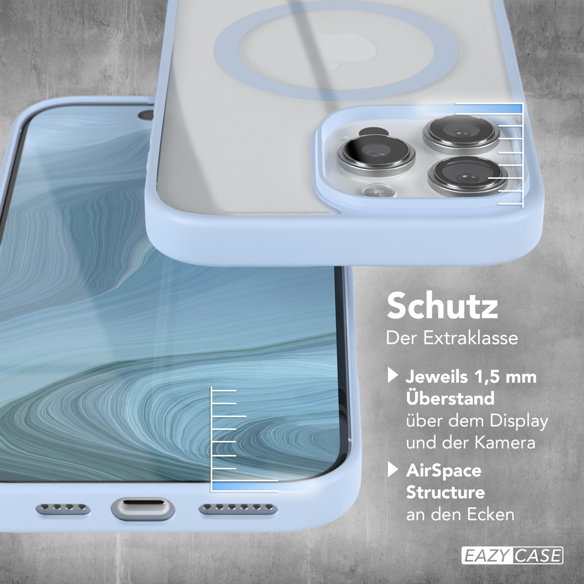 Eine hellblaue Handyhülle wird gezeigt. Das Telefon ist sichtbar. Die Hülle zeigt Schutzfunktionen an den Ecken.