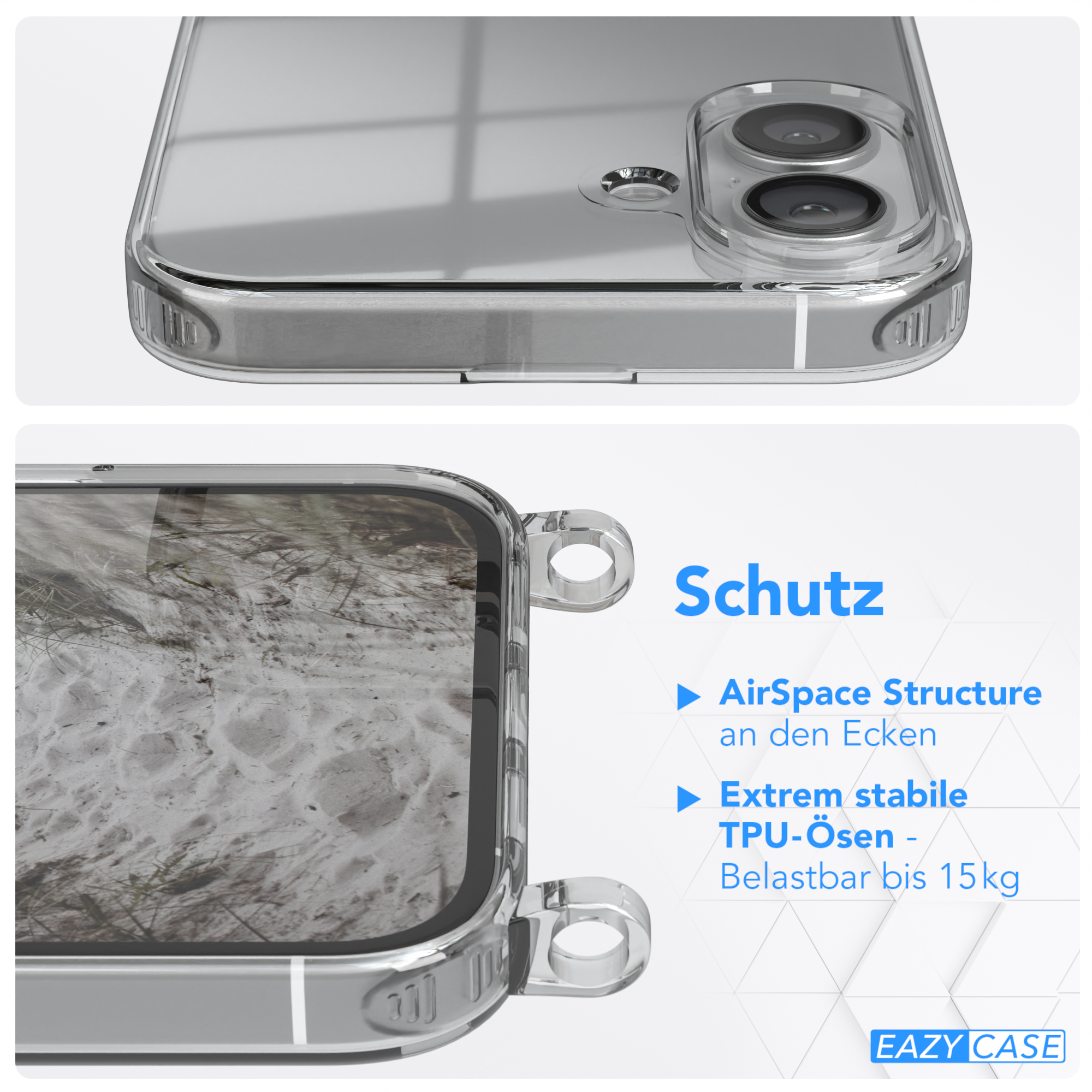 Transparente Handyhülle mit Nahaufnahme der Ecke, zeigt AirSpace Structure und TPU-Ösen.