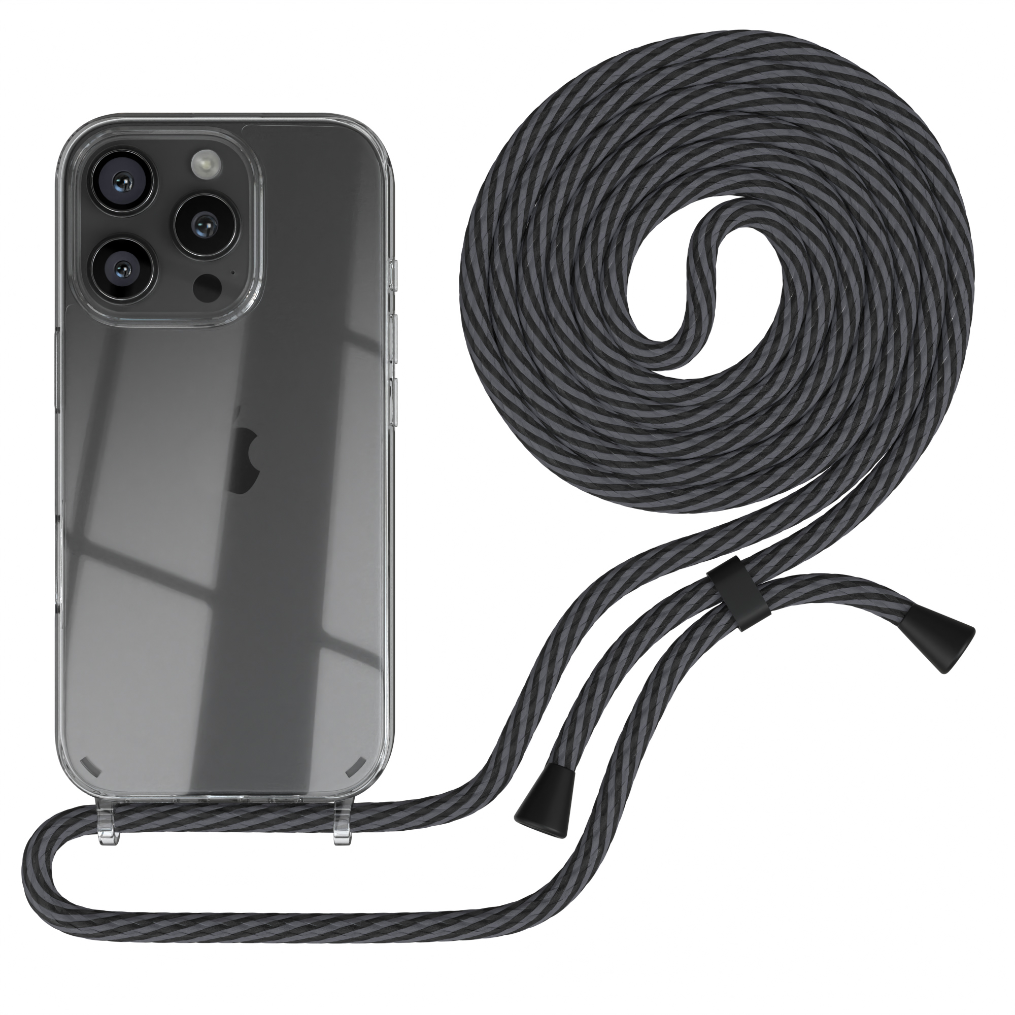 Transparente Handyhülle mit grauem Lanyard, auf weißem Hintergrund.