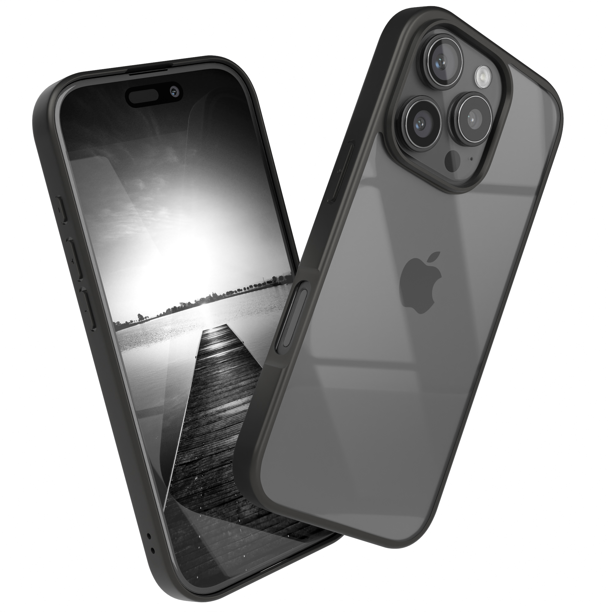 Schwarze Handyhülle auf einem Handy. Zeigt ein Schwarz-Weiß-Bild. Eine weitere Hülle an der Seite.