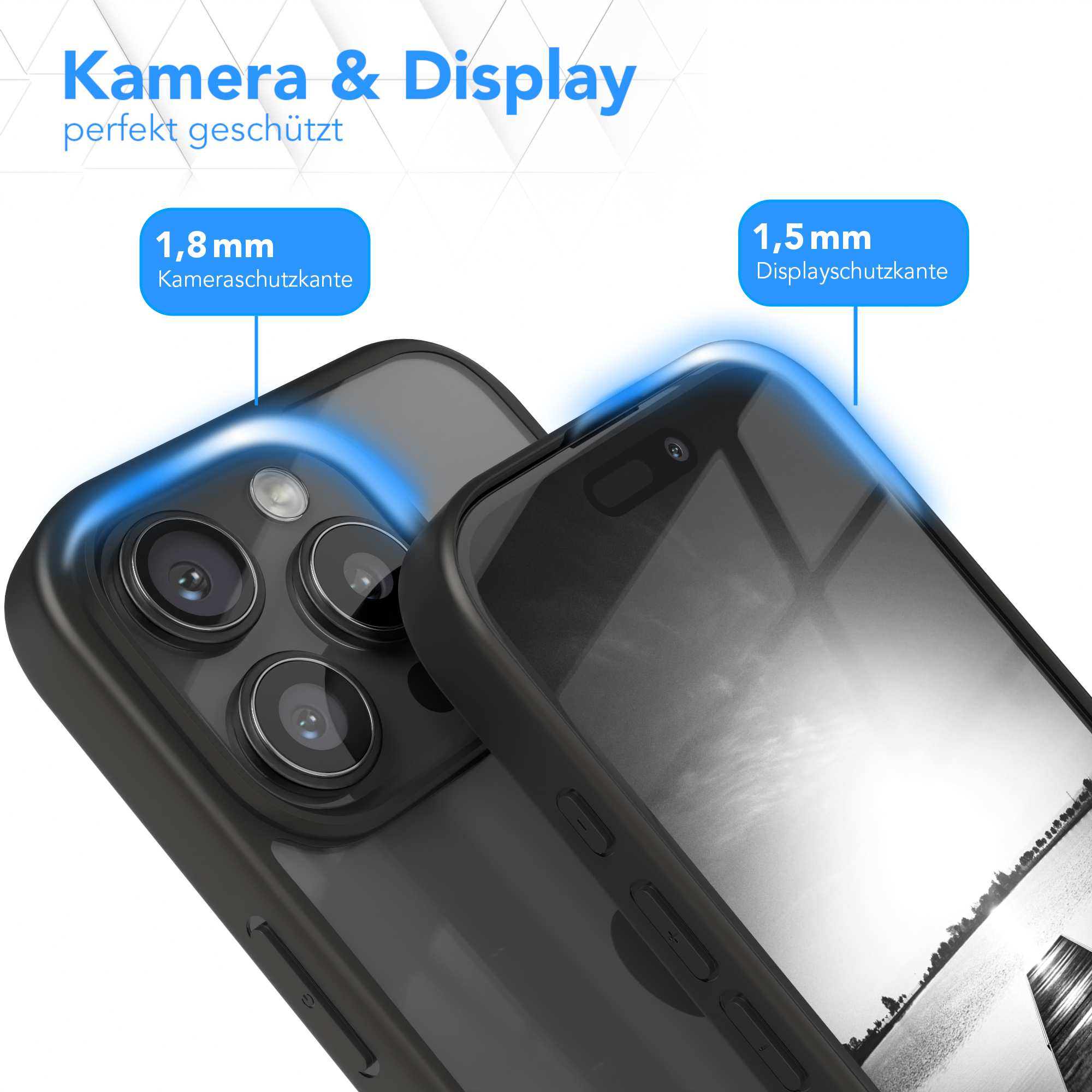 Nahaufnahme der Handyhülle mit Displayschutz. Präsentation von Kamera- und Displayschutz.