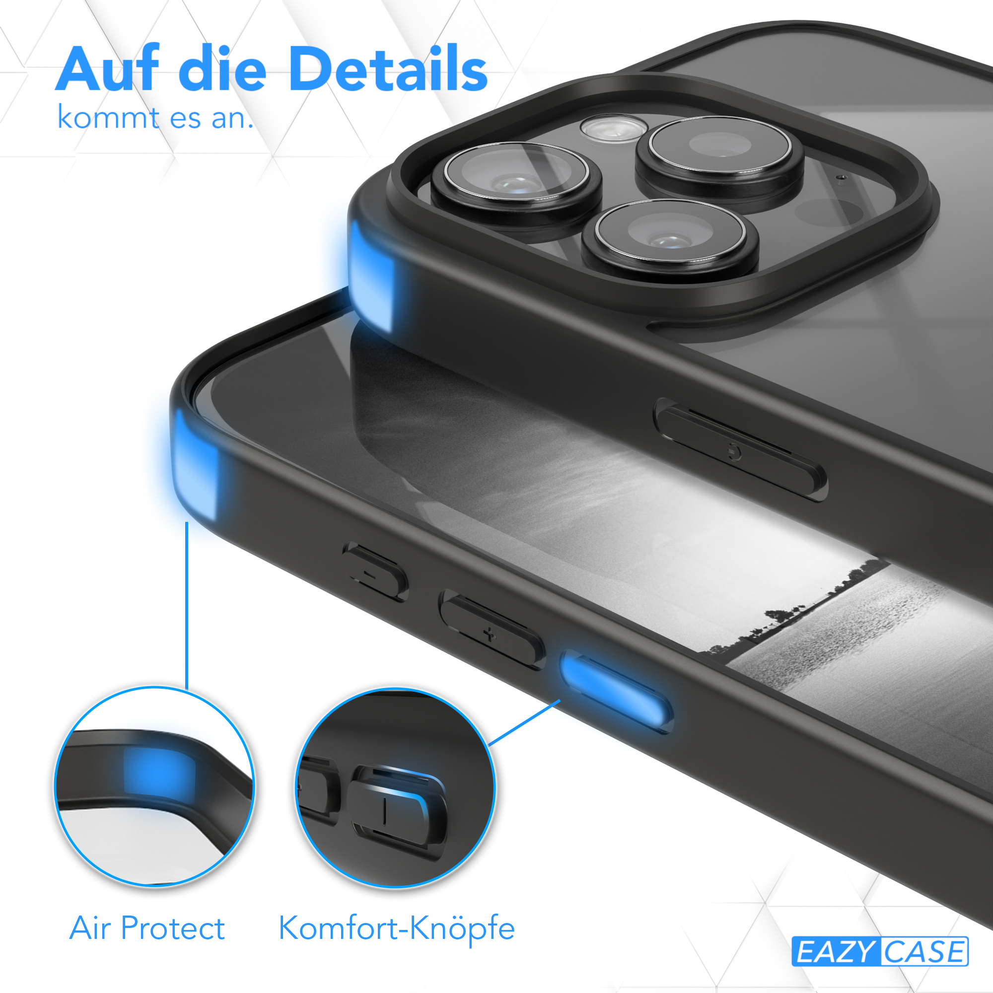Nahaufnahme einer schwarzen Handyhülle. Blaues Licht beleuchtet Knöpfe. Details der Hülle sind hervorgehoben.