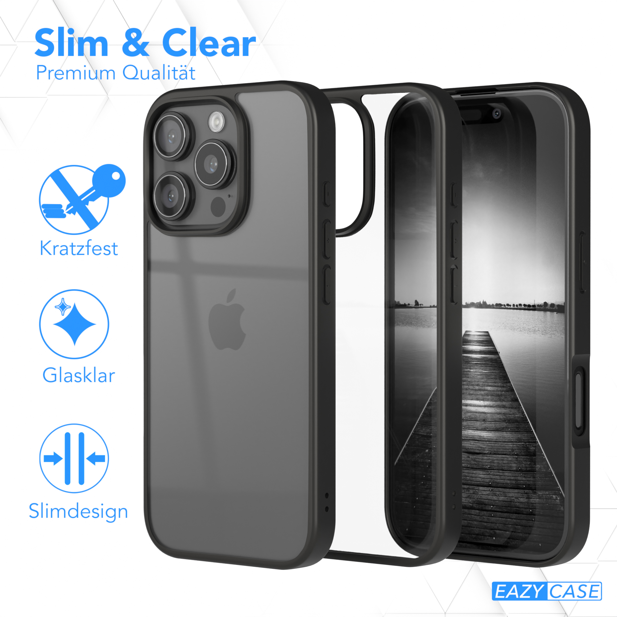 Handyhülle, klar, mit einem Telefon darin, zeigt Schutzfunktionen und schlankes Design.