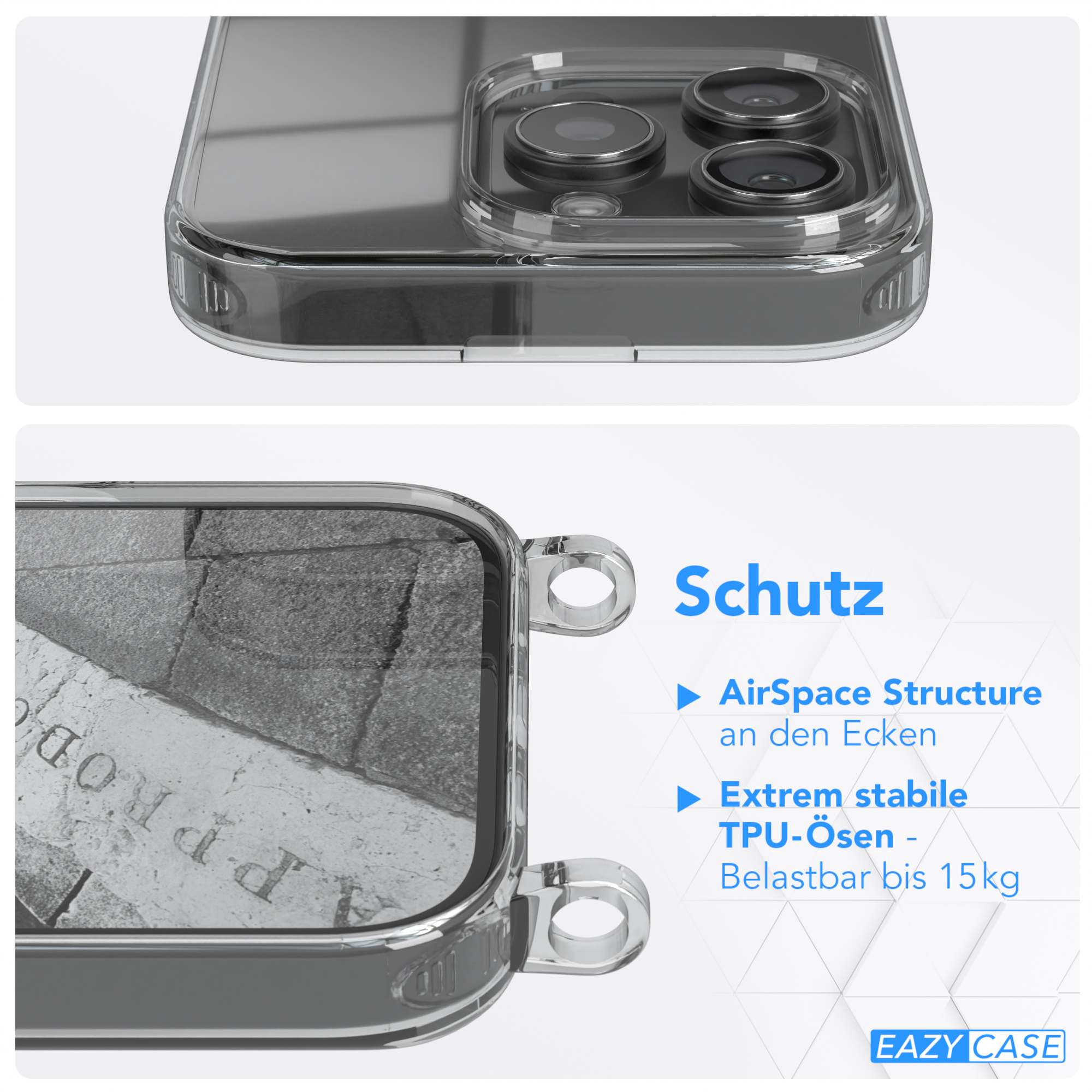 Nahaufnahme einer transparenten Handyhülle, die den Kamerabereich zeigt. Text: Schutz, AirSpace.