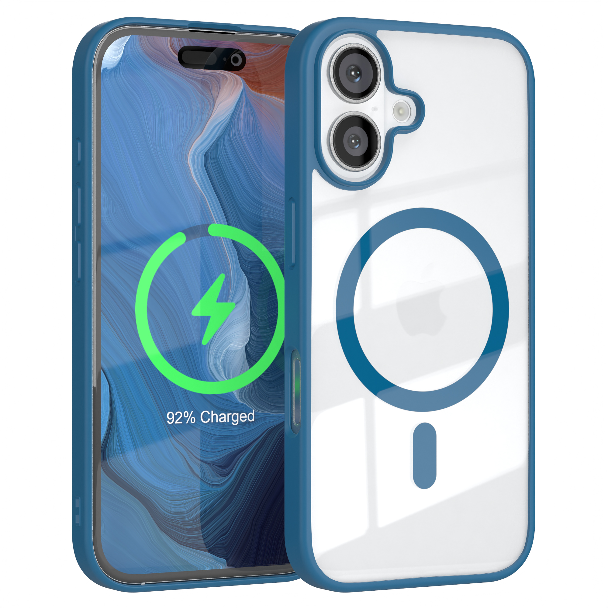 Eine blaue Handyhülle auf einem Telefon, das ein Ladesymbol anzeigt, mit blauem Ring und weißem Apple-Logo.