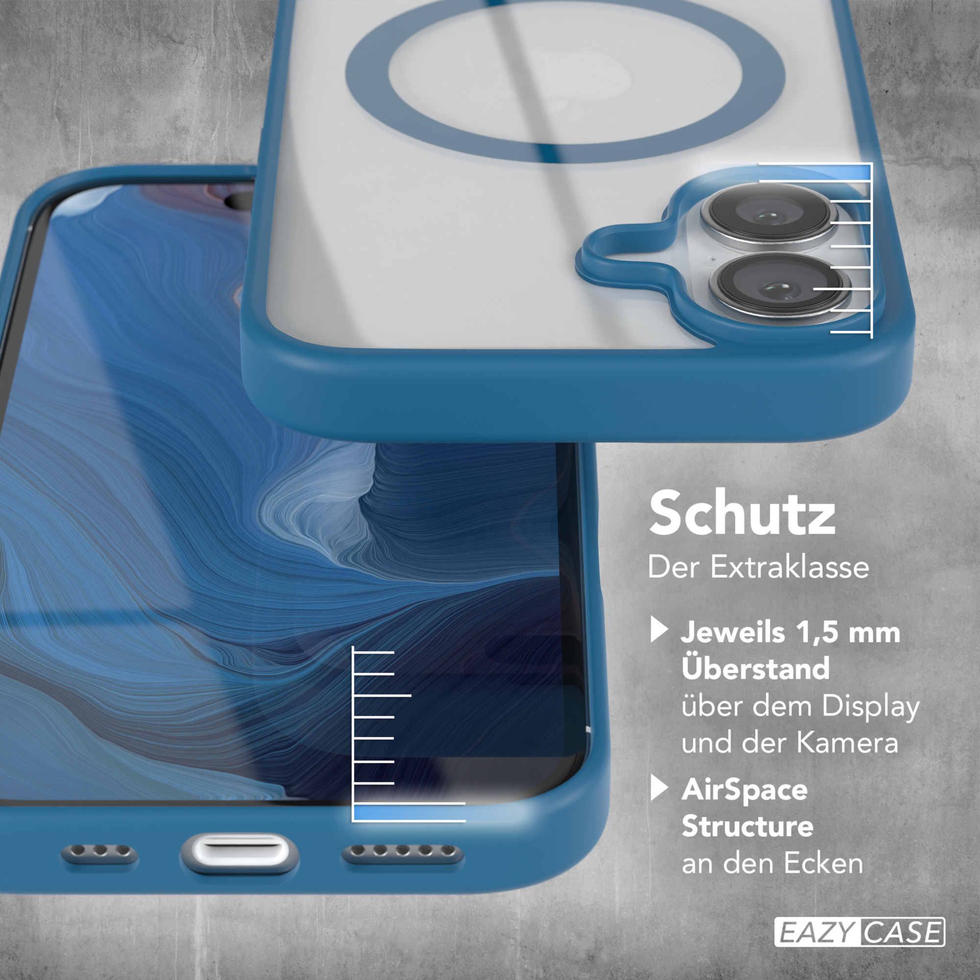 Handyhülle mit blauen Akzenten, Nahaufnahme mit Kamera- und Bildschirmschutz.